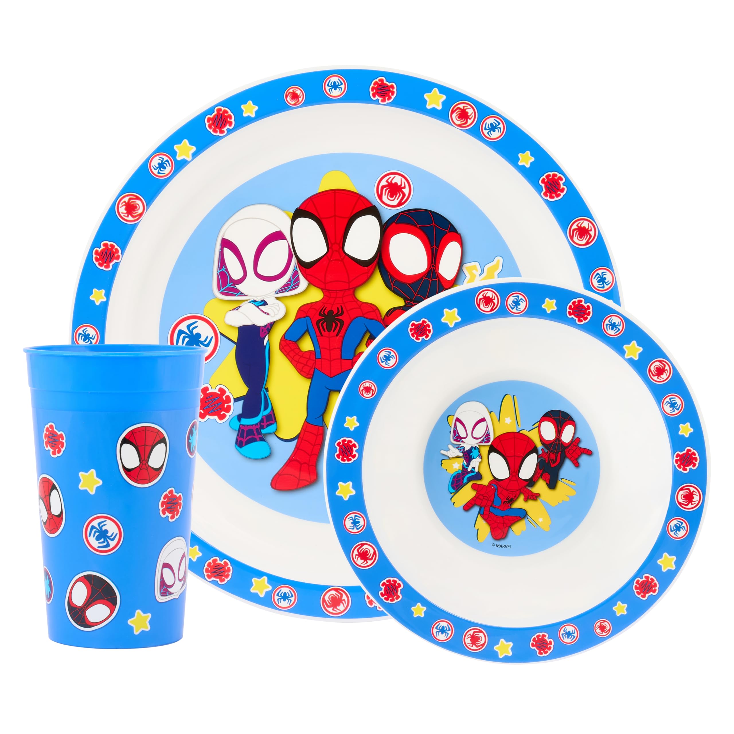 Marvel Spidey and His Amazing Friends 3 Piece Dinnerware Set, Includes Plate Bowl and Tumbler, Blue, Polypropylene, Dishwasher and Microwave Safe, 36 Months Plus