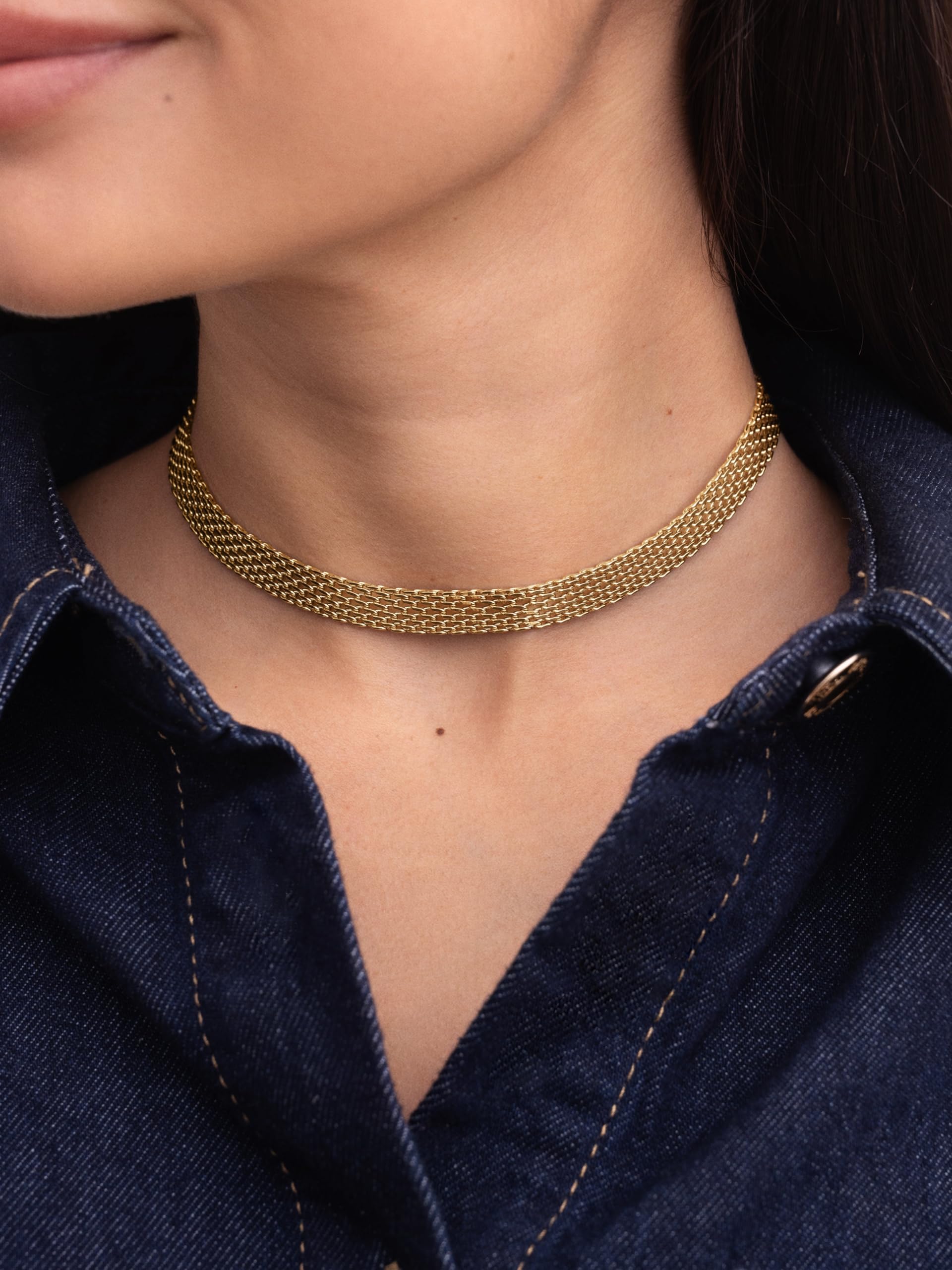 SINGULARU - Naszyjnik typu choker - Stalowy naszyjnik z wykończeniem pozłacanym 18-karatowym złotem - Mesh Chocker o szerokości 8 mm - Długość 33 cm + 5 cm przedłużenie - Biżuteria dla kobiet, Eén