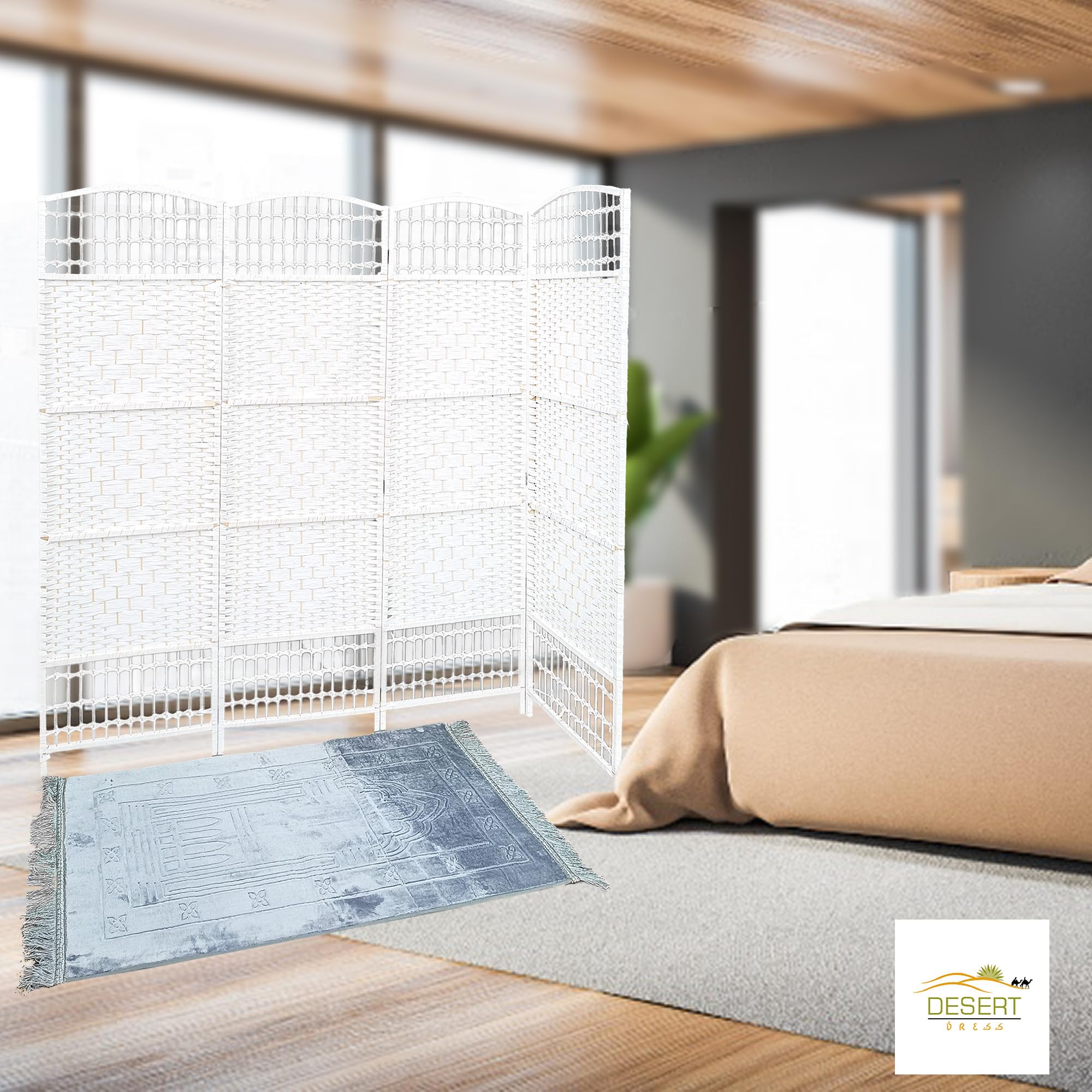 Oriental Furniture 6-Feet Tall Fiber Weave Room Divider Separator Privacy Screen 4 Panels (Pearl White)