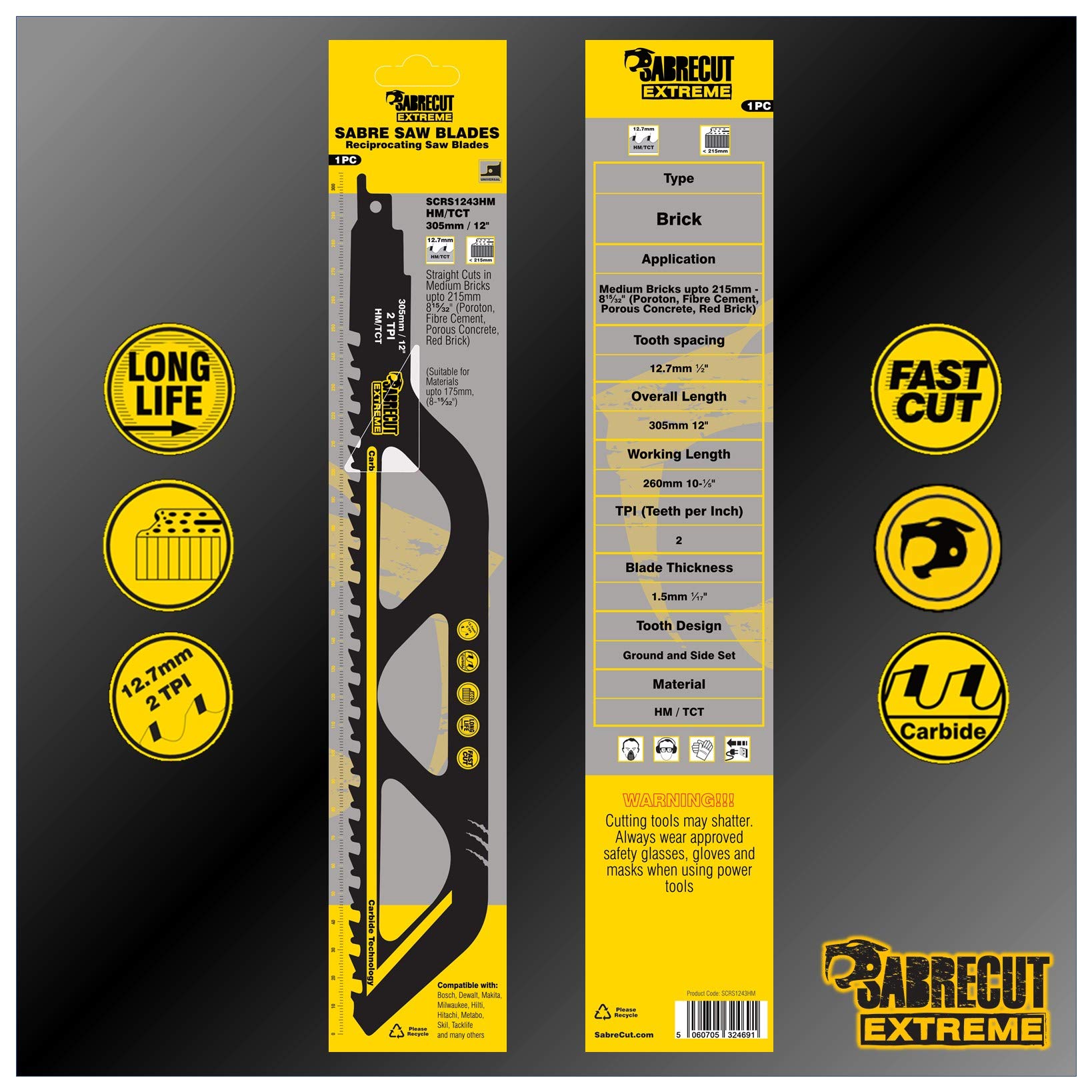 SabreCut 3pcs SCRS1243HM_3 305mm 2 TPI S1243HM Lame sega a gattuccio | Denti carburo di tungsteno offrono taglio duraturo in muratura e materiali edili