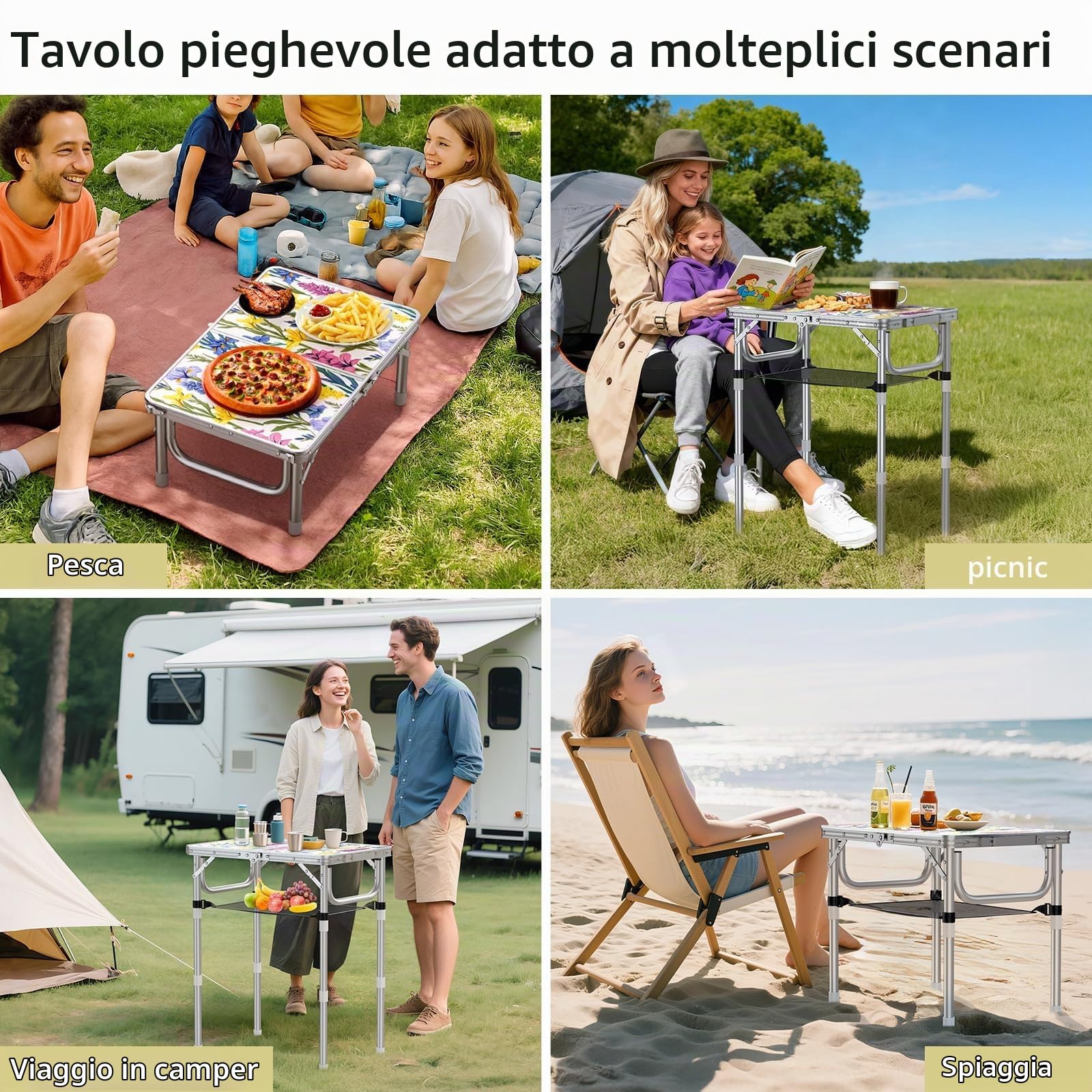 Anbte Tavolo Pieghevole da Esterno con Motivo Decorativo, Argento, 58x40 cm Altezza Regolabile a 70 cm, Piano in MDF Facile da Pulire, Leggero e Stabile per Giardin/Campeggio/Picnic