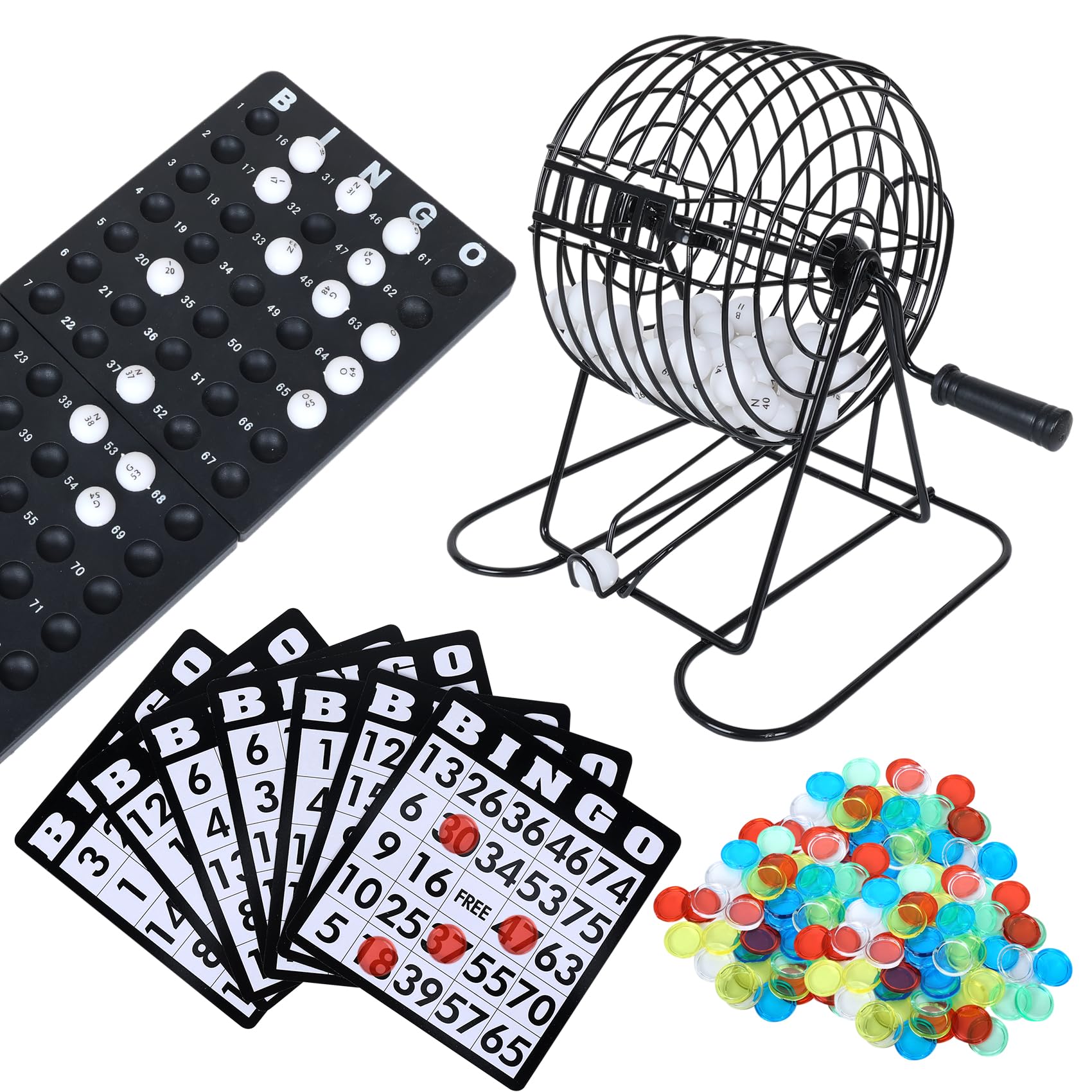 GOTHINK Bingo Game Set, Metal Round Cage, 75 Bingo Balls, 18 Bingo Cards, 150 Mixed Chips and Master Board for Adults, Family & Kids