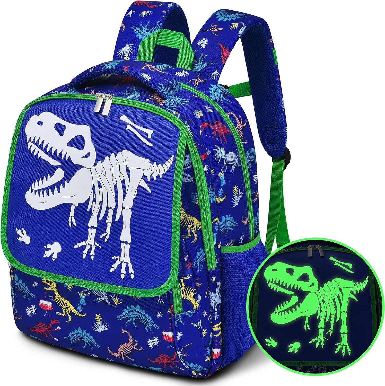 WERNNSAI Dinosaur Backpack - Luminous Dinosaur Fossils School Backpack for Kids Boys Book Bags Preschool Kindergarten Elementary 17” Schoolbag Hiking Travel Casual Backpack with Chest Strap