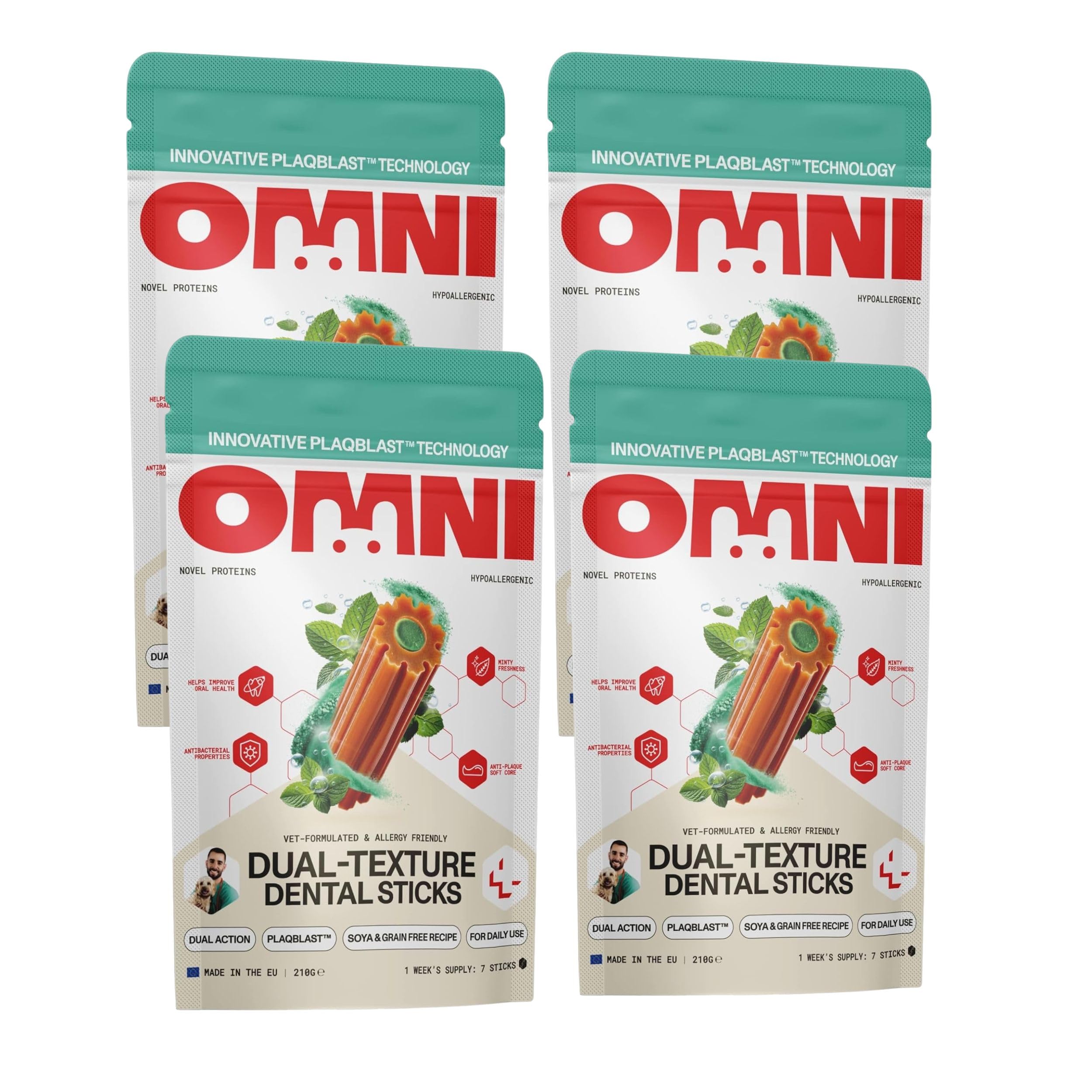 Omni Dental Sticks for Dogs - Dual Texture with PlaqBlast™ Technology, Natural Plaque Remover with Toothpaste-like Anti-Plaque Core, Vet Formulated Hypoallergenic, Soya & Grain Free, Pack of 4 — image 1
