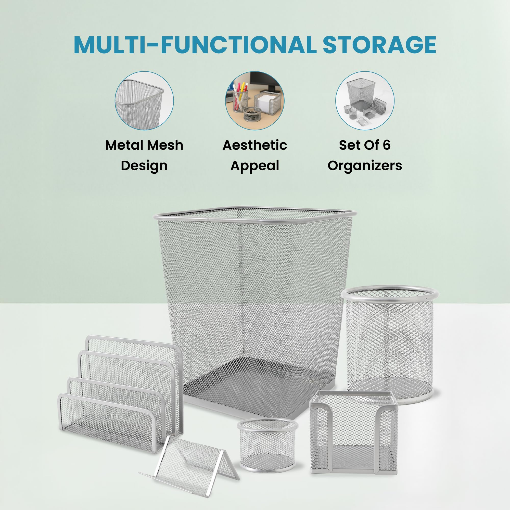 The Better Home Set di 6 organizer da scrivania, per carta, penne, matite, pennelli, biglietti da visita, design in rete metallica antiruggine, multiuso, include pattumiera, plastica verniciata a