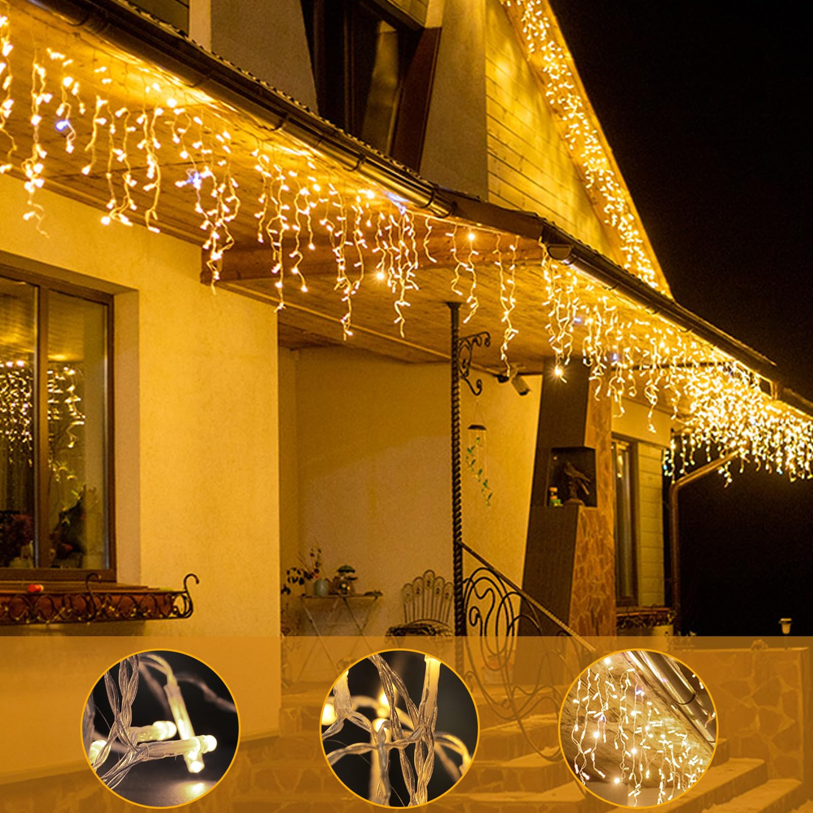 WOWDSGN LED Eisregen Lichterkette Außen, 20M 880LED Eiszapfen mit Timer 8 Modi IP44 wasserdicht Strombetrieben, Lichtervorhang für Weihnachten Dachkante Dachrinne Terrasse Balkon Warmweiß