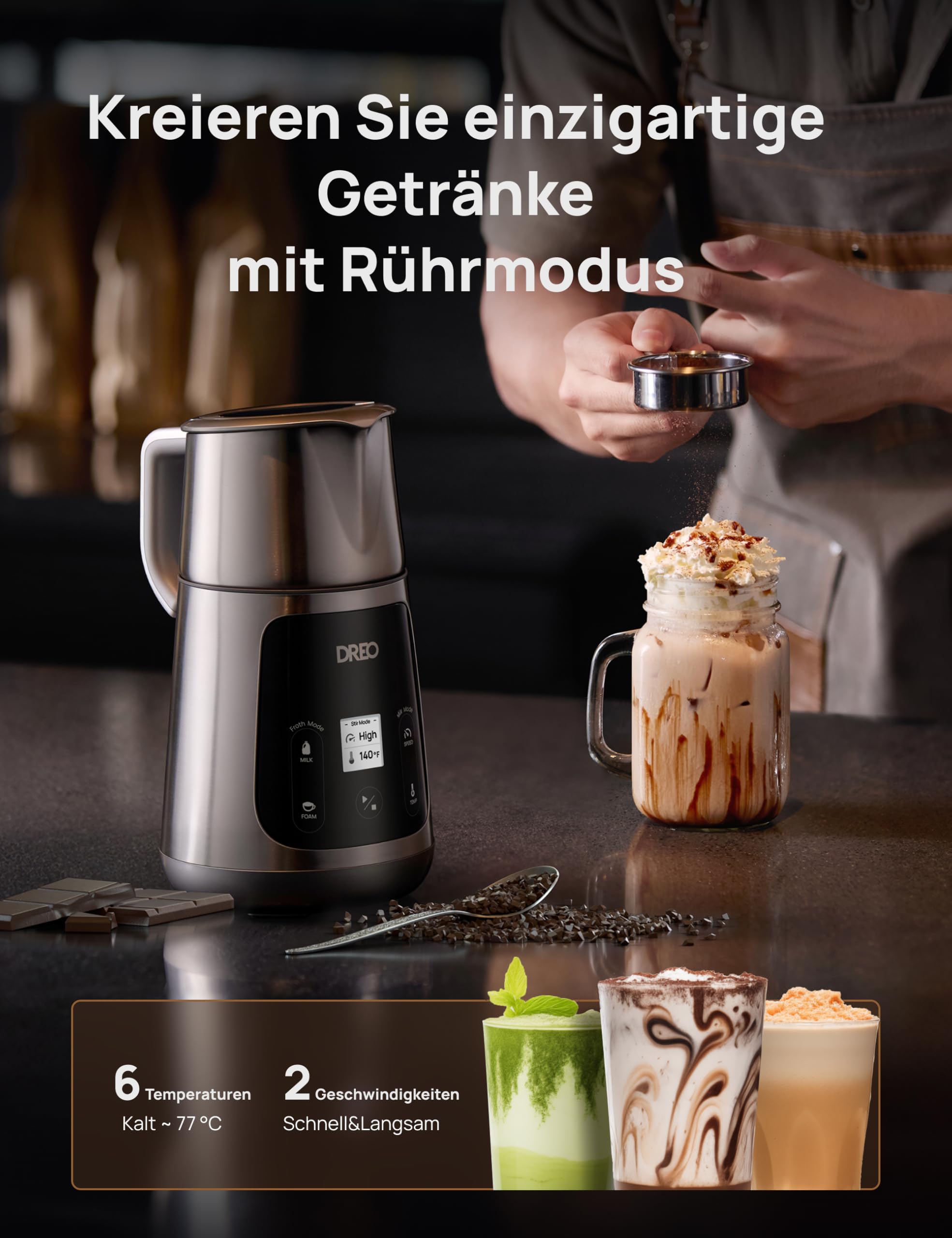 Dreo Milchaufschäumer Elektrisch [Verbessert], All-in-1 450ml Elektrischer Milchschäumer für Latte, Cappuccino, Heiße Schokolade, über 30 Getränke, Leicht zu Reinigen, Spülmaschinenfest, LED-Anzeige