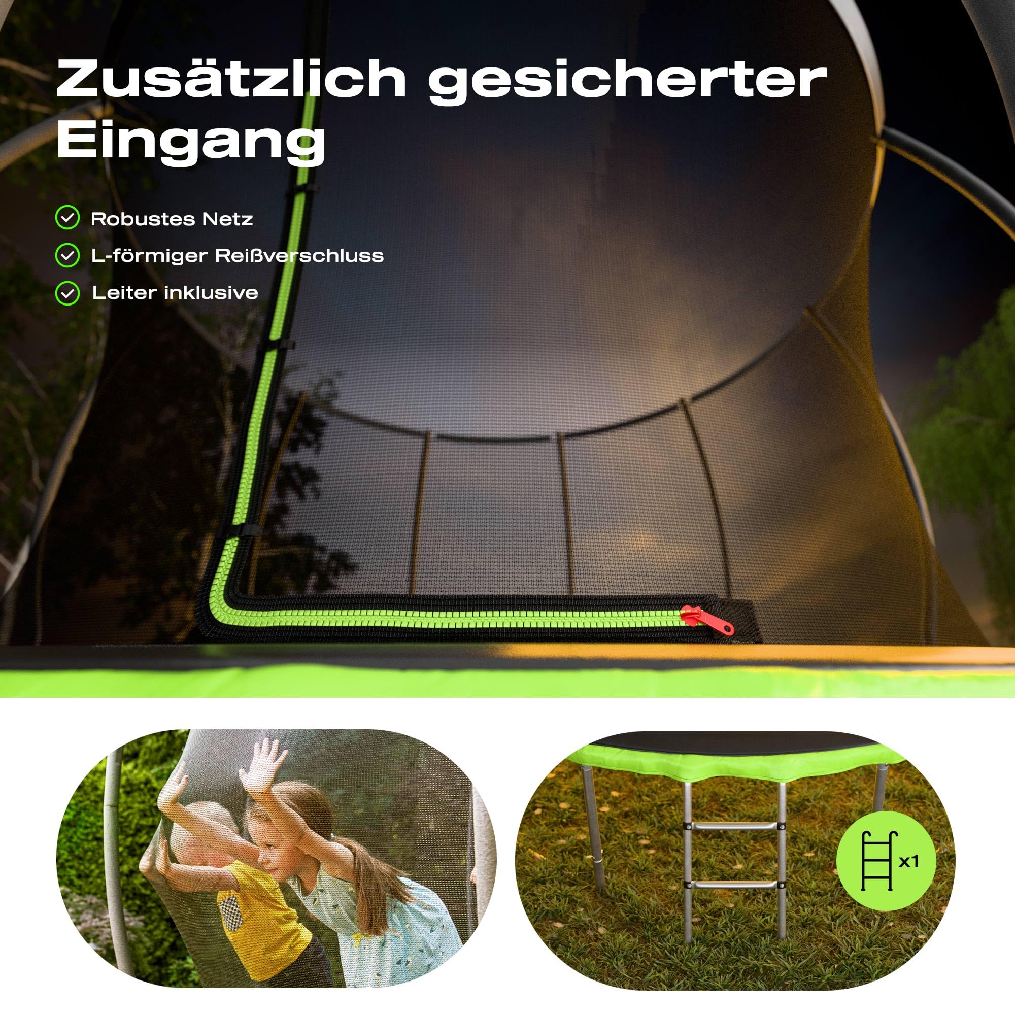 Hop-Sport Trampolin Outdoor - Ø 244/305/366/427/488 cm - Trampolin mit innenliegenden Sicherheitsnetz, gebogenen Netzstangen und Sicherheitszertifikaten - Komplettset mit Leiter Randabdeckung