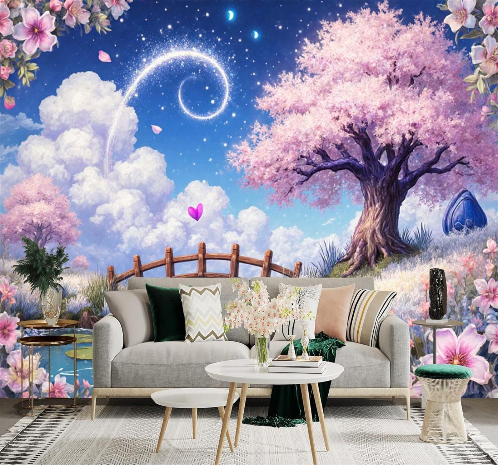 XLMING Dreamlike Scenery Beautiful Cherry Blossoms Wooden Bridge Starry Sky 3D Wallpaper Premium Textured Silk Study Dining Living Room Bedroom Sofa TV Wall Easy Install-350cm×256cm