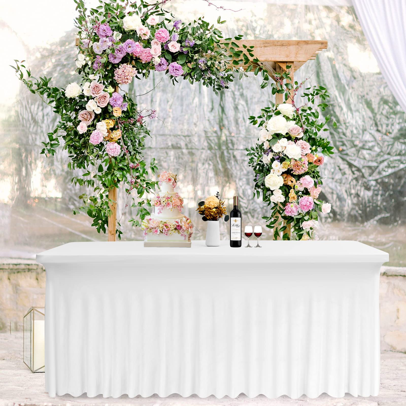 Pack de 4 Faldas de Mesa Ajustadas de Elastano Blanco, Mantel con Falda Lavable Resistente a Arrugas para Mesas Rectangulares de 6 Pies, Cubremesa con Drapeados Ondulados para Bodas, Banquetes