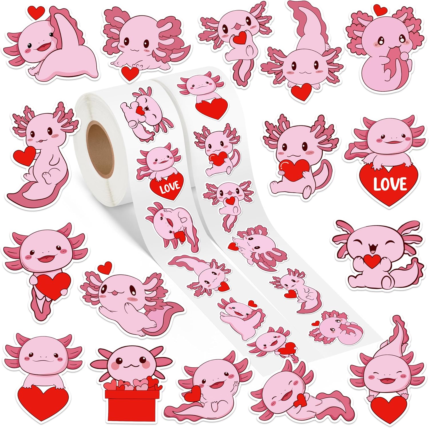 A1diee Cute Axolotl Romantic Stickers - 1000Pcs Pink Axolotl Red Heart Love Decal Amphibian Themed Stickers for Teacher Reward Birthday Baby Shower Envelopes Water Bottle Scrapbooking Cards, 2 Rolls