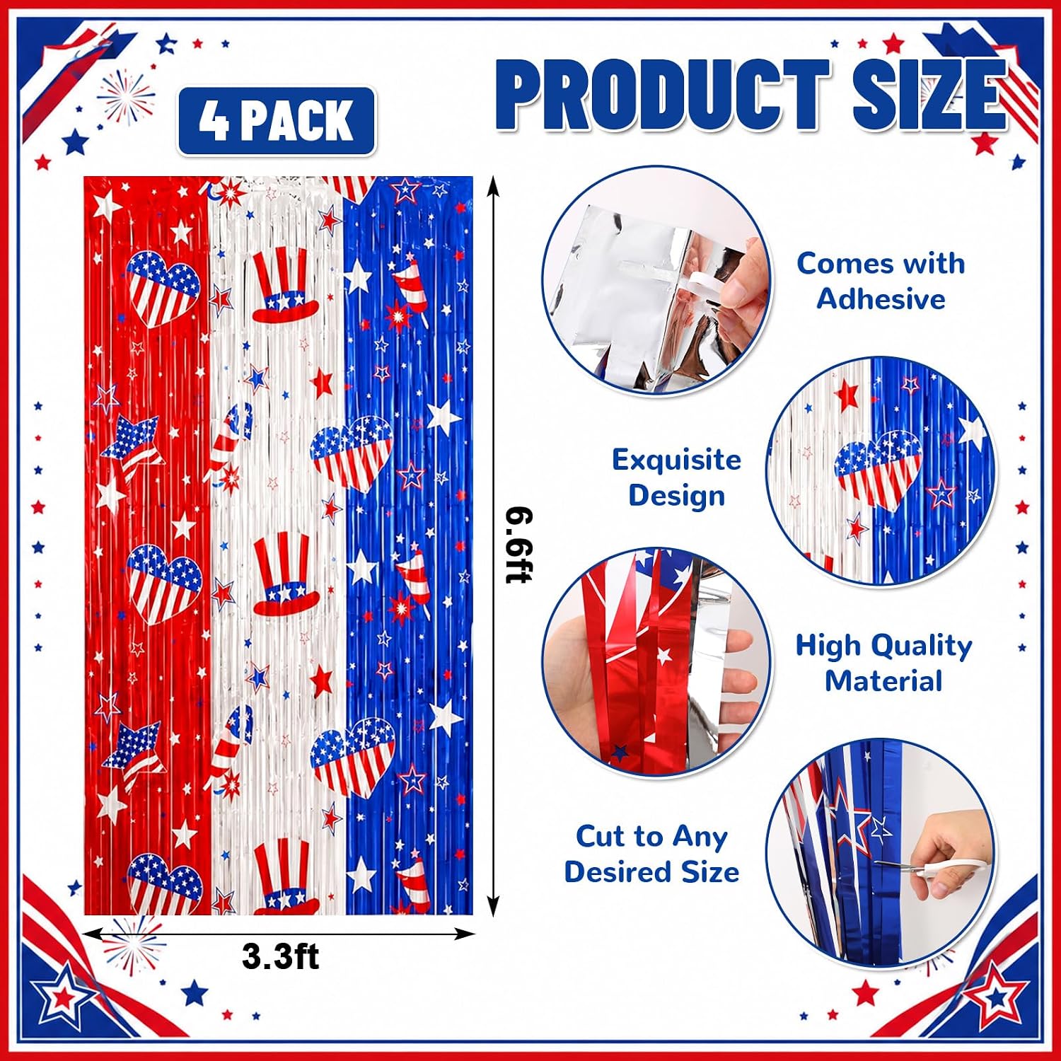 4 Pack 4th of July Foil Fringe Curtains Decoration 3.3 x 6.6 Ft Patriotic Party Tinsel Backdrop Red White and Blue Metallic Foil Streamer Photobooth Props for Independence Day Memorial Day Wall Decor