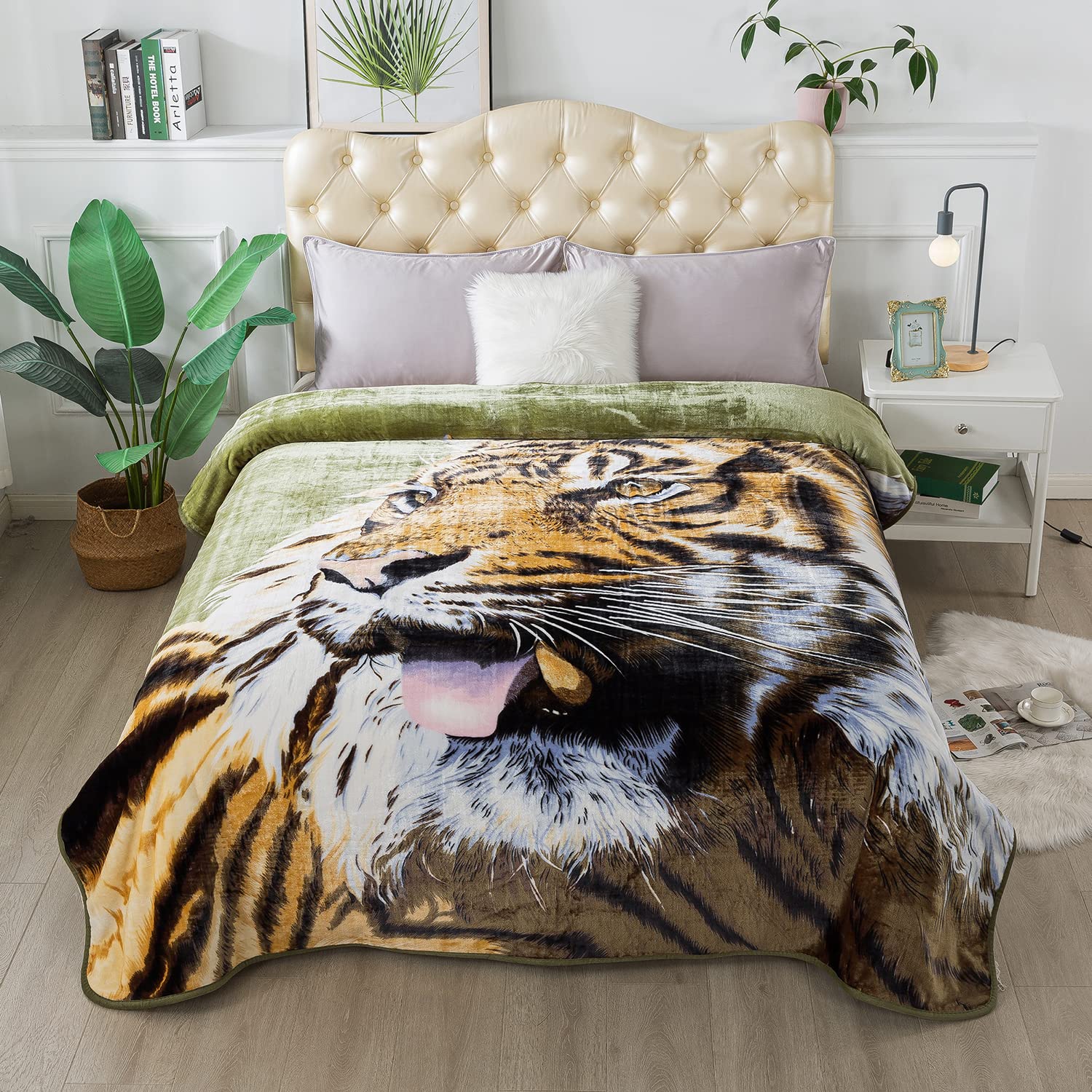 JYK Pluszowy koc polarowy rozmiar queen size 190 cm x 231 cm, 1,7 kg 1-warstwowy koc tygrys