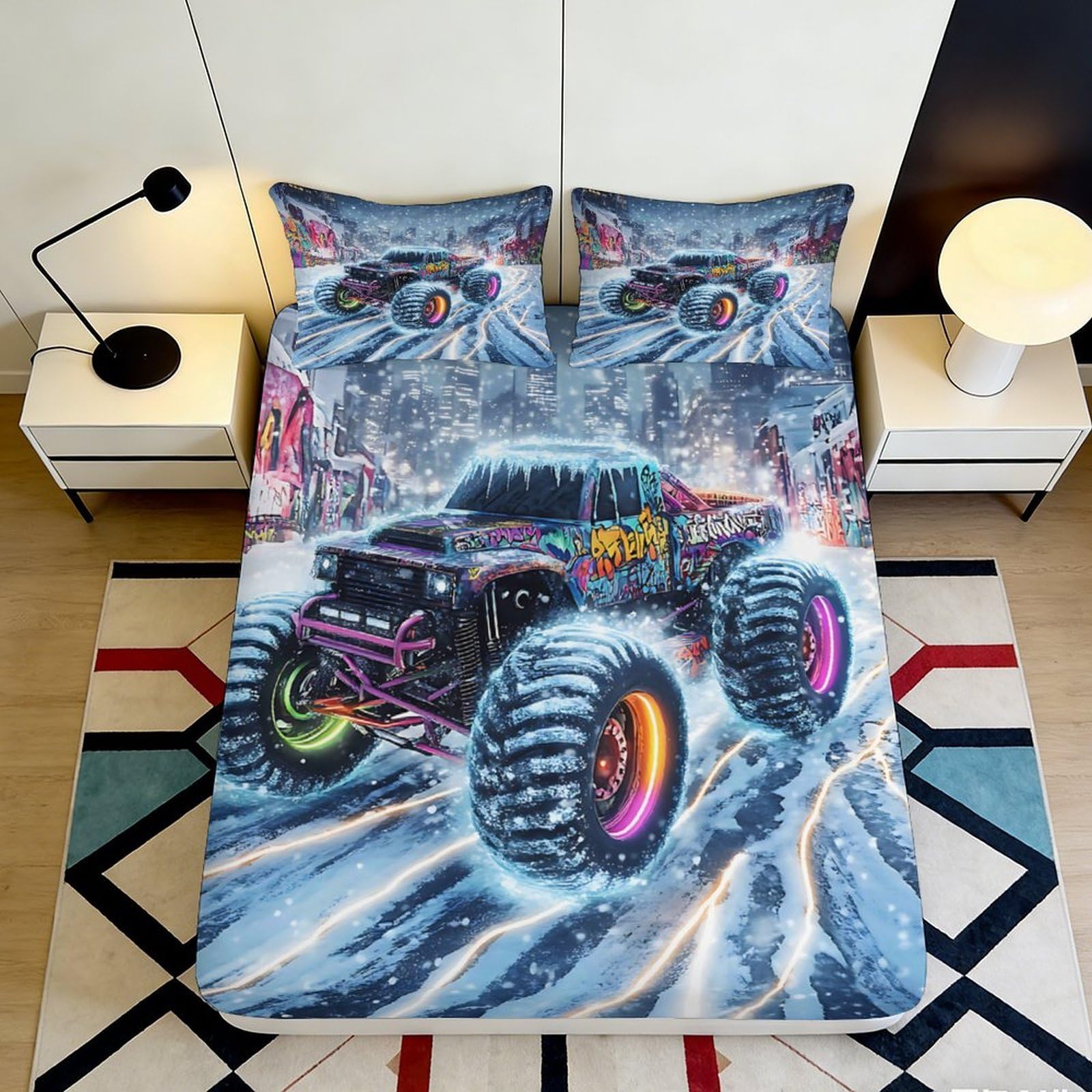 Pnayamiorkfel Style-2 3D Printed Graffiti Monster Truck Fitted Sheet Microfiber Soft Vibrant City Bed Cover For Bedroom Dorm Decor 90X200x25cm