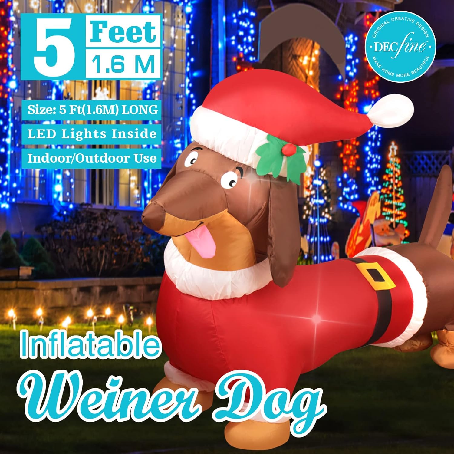 Christmas Inflatables Dachshund Dog Lighted Blow Up Yard Lawn Christmas Outdoor Decoration with Built in Fan and Anchor Ropes (Weiner Dog)