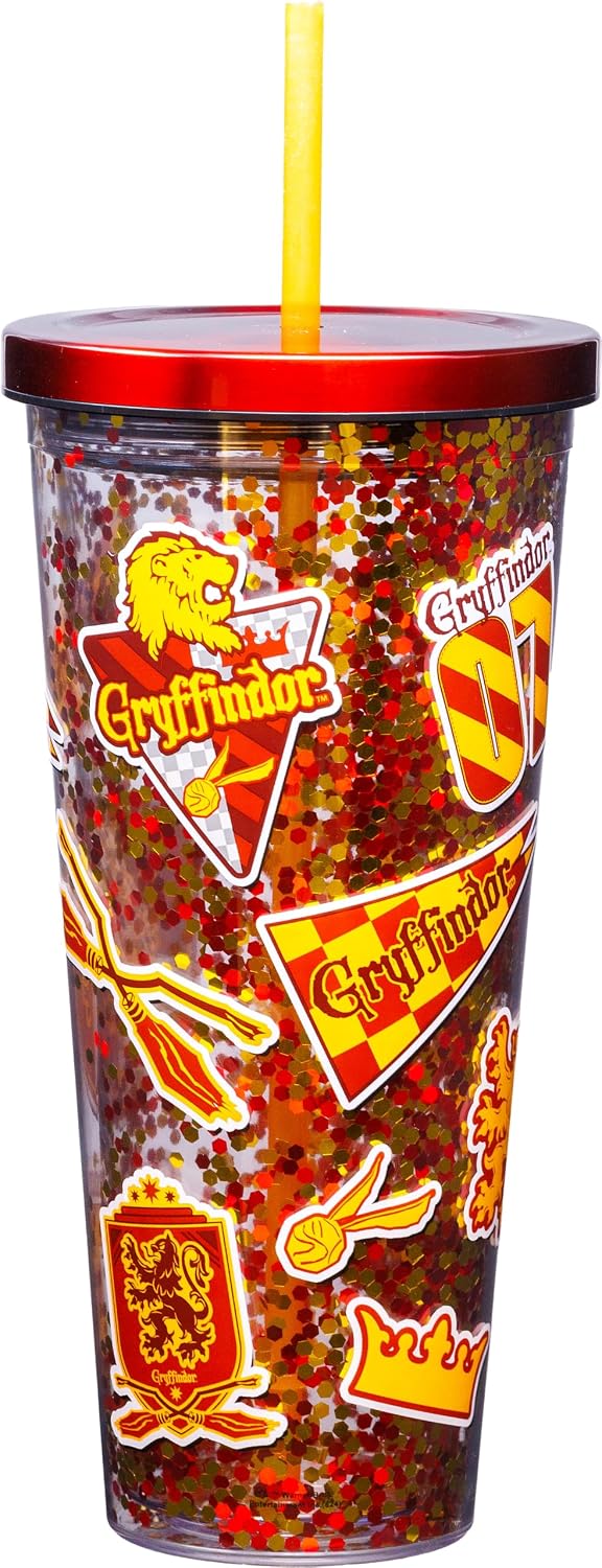 Spoontiques Large Harry Potter Glitter Cup Tumbler with Stainless Steel Lid and Straw - 32 oz - Acrylic - Gryffindor