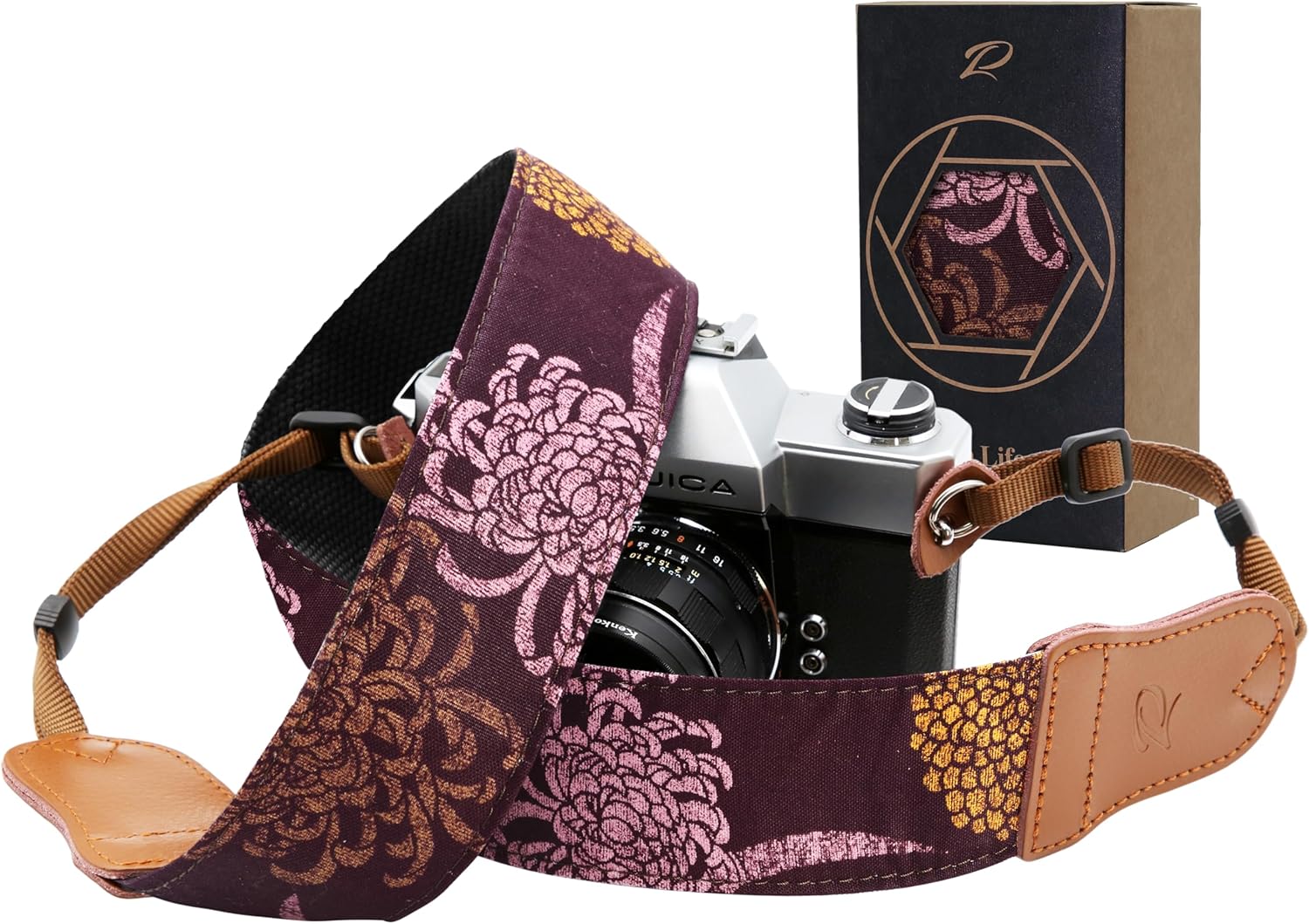 Padwa Lifestyle Camera Strap - 2" Cowhide Leather Head Cotton Camera Straps for Photographers,Vintage Print Purple Daisy Japanese Art Neck & Shoulder Adjustable Strap for DSLR SLR Mirrorless Cameras