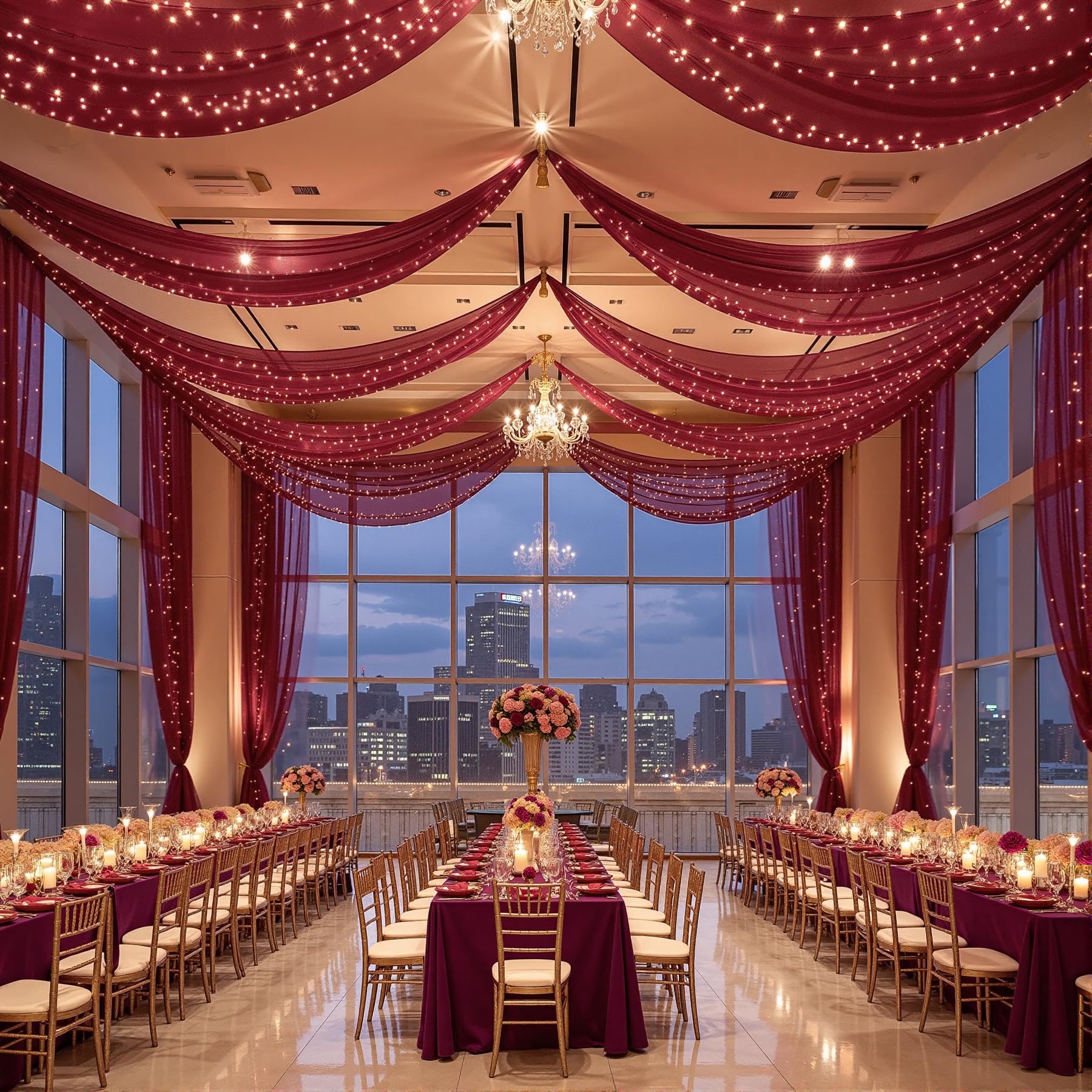 Photo 1 of FrohFest 6 Panels Burgundy Ceiling Curtains with Lights for Weddings - 5ftx30ft Wrinkle-Free Tulle Fabric Wedding Arch Draping Ceiling Drapes Decorations for Wedding Party Ceremony Stage Tent Event