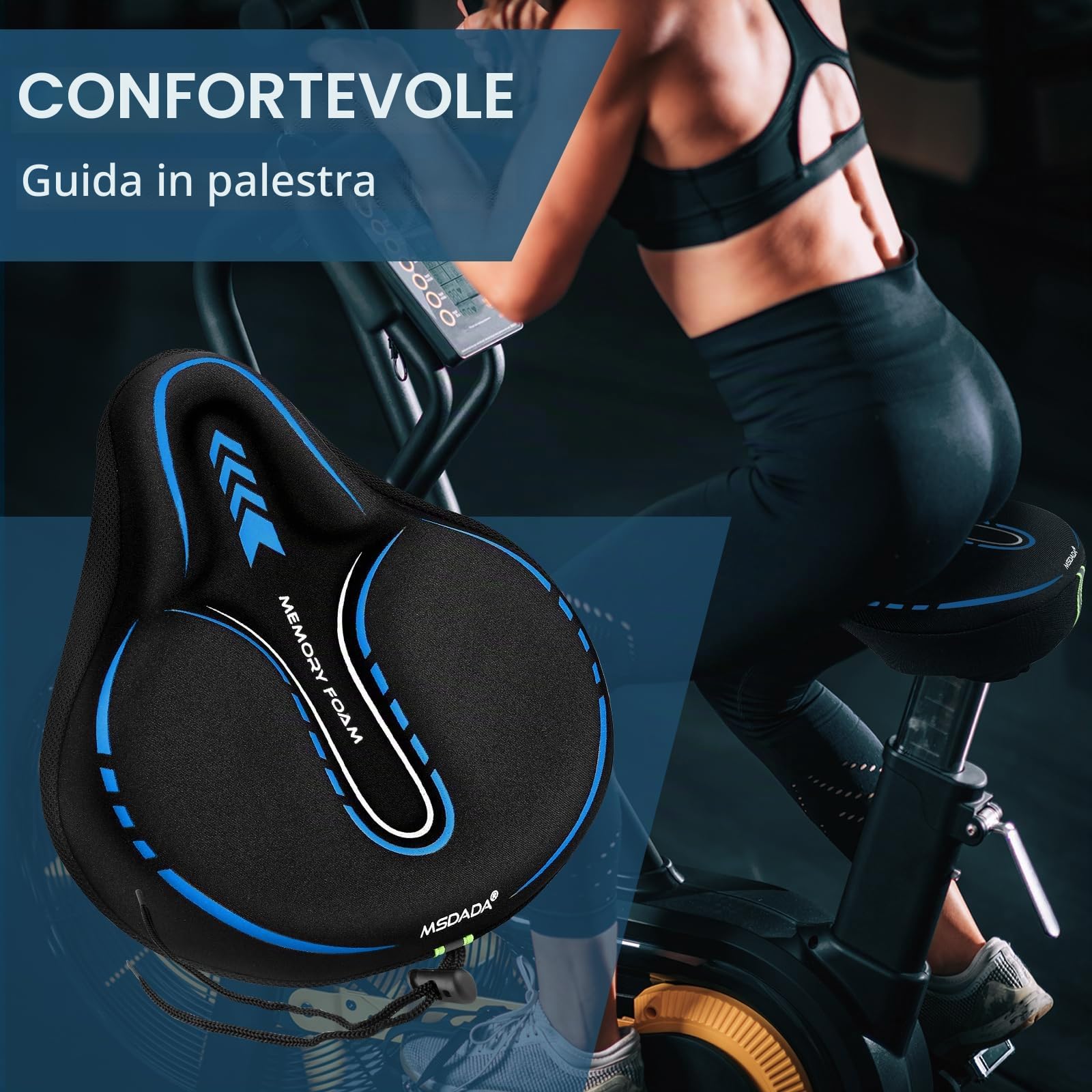 MSDADA Coprisella Bici in Gel, Grande Coprisella Cyclette Imbottito, Cuscino Sedile Bici per Biciclette da Strada, Cyclette, City Bike, Mountain Bike, Elettrica, Spinning(Blu)