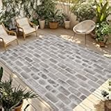 4' x 6' Outdoor Rug, Beige Brick Wall Indoor Outdoor Washable Large Floor Carpet, Retro Country Stone Rocks Geometric Print Non Shedding Area Rug for Outside, Patio, RV, Porch, Deck, Balcony, Camping