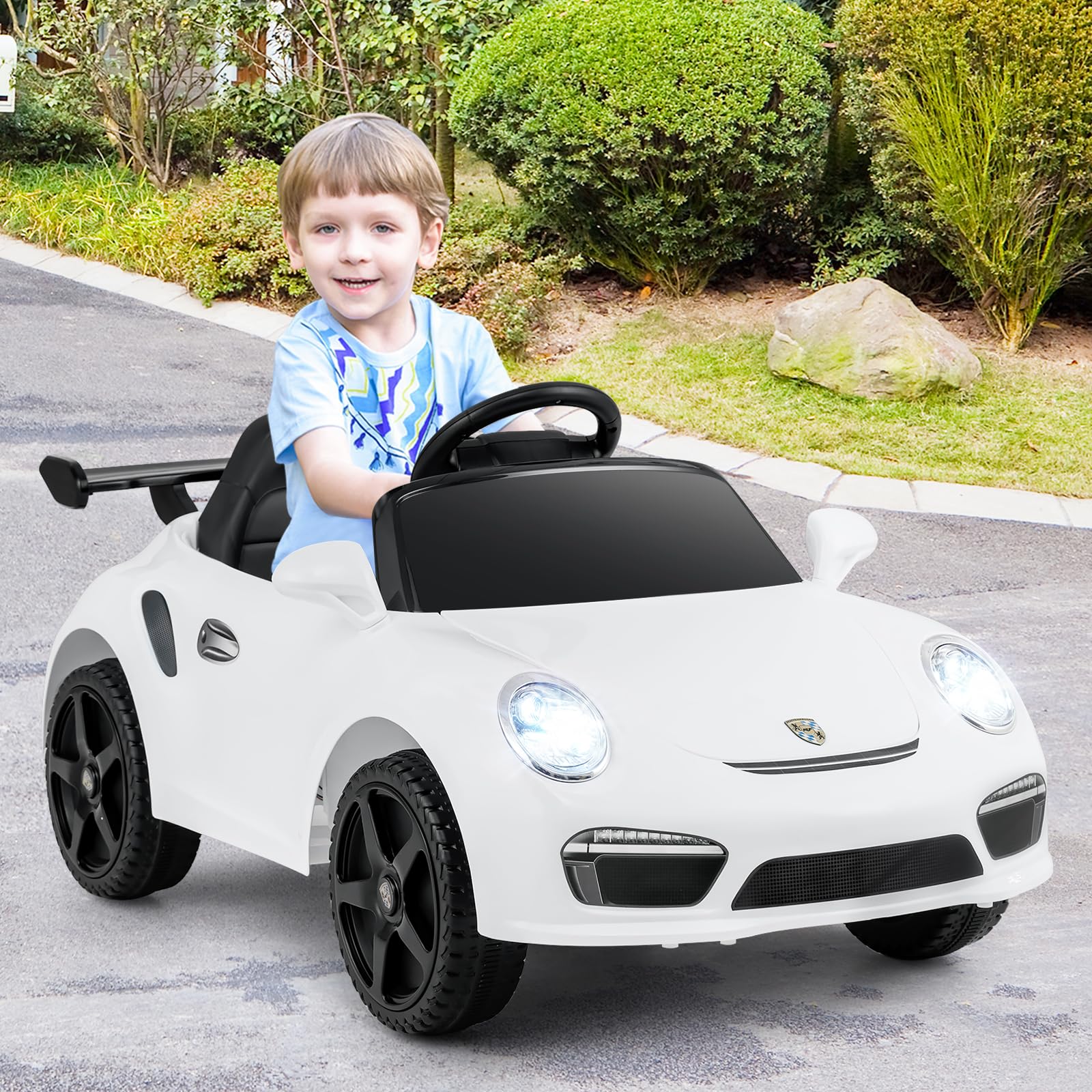 COSTWAY Kinder Elektroauto Porsche, 12V Kinderauto elektisch mit Fernbedienung, mit Musik, LED-Lichtern, Hupe & 2 Geschwindigkeiten, Elektrofahrzeug für Jungen und Mädchen ab 3 Jahren (Weiß)