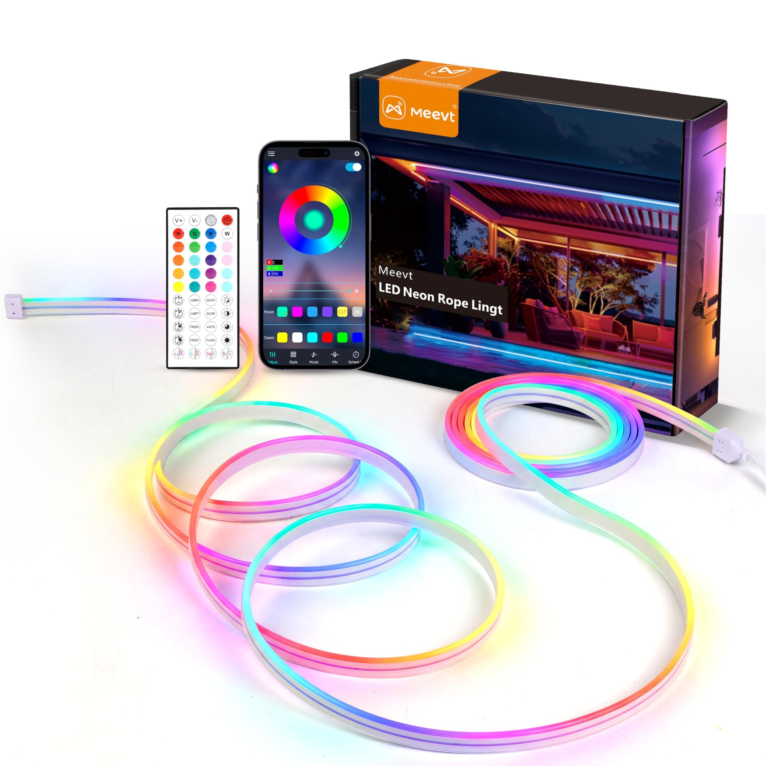 Meevt RGB Neon LED Strip 20m, 24V LED Streifen für Outdoor und Innenbereich | 72 LEDs/m, IP65, Weiches Silikonmaterial, 120° Seitenbeleuchtung, App und Fernbedienung, Musik Sync, Terrasse Garten Deko