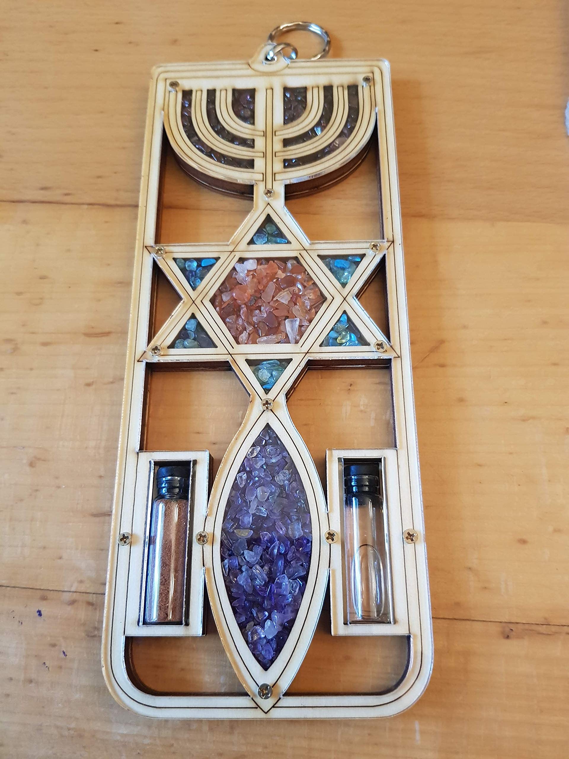 Bluenoemi Messianic Symbol Home Decor Spiritual, Menorah Star of David Fish Gifts for Home Blessing Plaque and Tasteful Design. Meaningful Symbol. Beige BLCH045