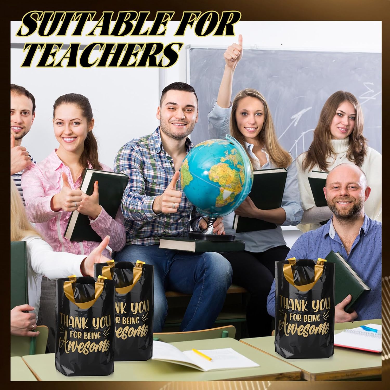 Kolldenn 50 Pcs Thank You Gifts Bags Employee Appreciation Goodie Bags with Handles Congrats Reusable Plastic Party Favors for Gift Wrapping(Black Gold,Thank You for Being Awesome) - Image 6