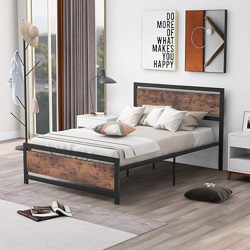 Polibi Cama de plataforma de tamaño matrimonial, marco de cama de metal y madera con cabecero y estribo, no necesita somier (negro, matrimonial)