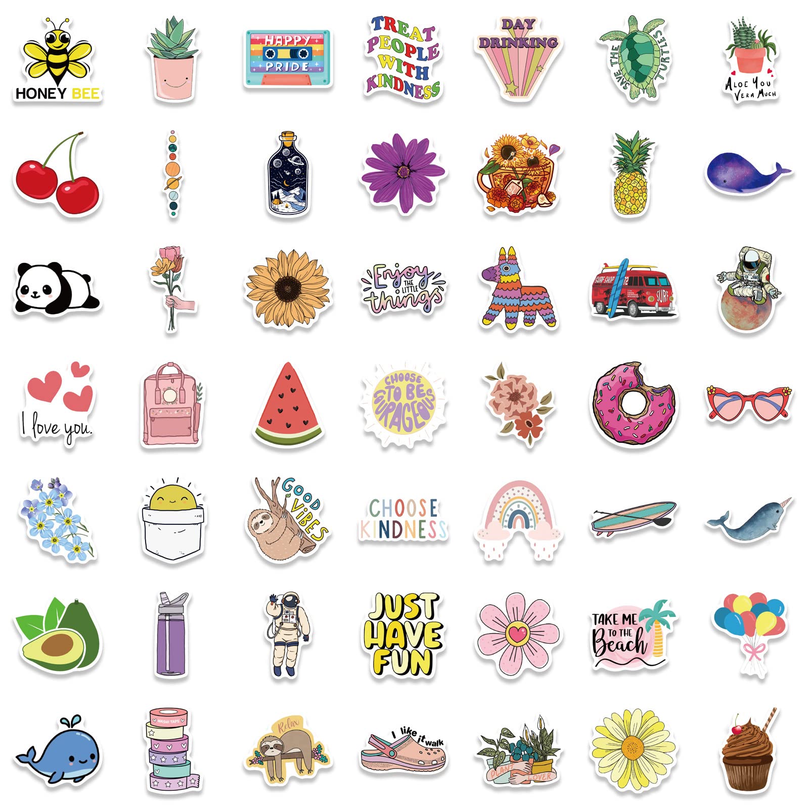50 Adesivi Smile Fiore per Bambini, Colorati Estetici Stickers Ispirativi Adesivi per Portatile Skateboard Chitarra Telefono Frigorifero