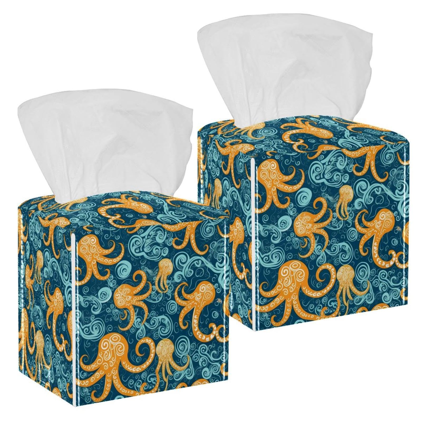 Cartoon Octopus Tissue Box Cover, 2 Pack PU Leather Square Facial Tissue Dispenser Box holder for Home Office Car