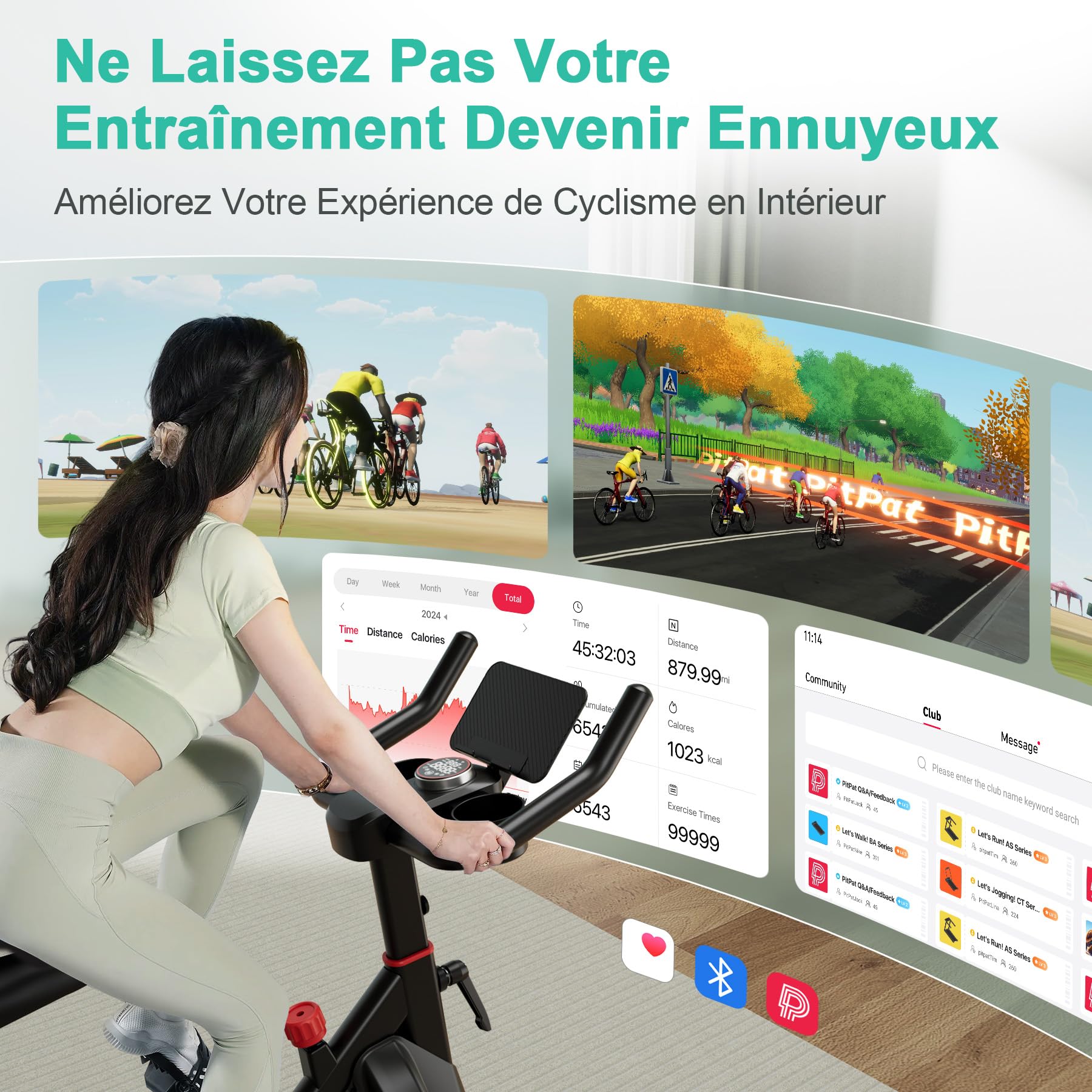 Vélo d'Appartement 32 Niveaux de Résistance avec APP, Charge Maximale 136 kg