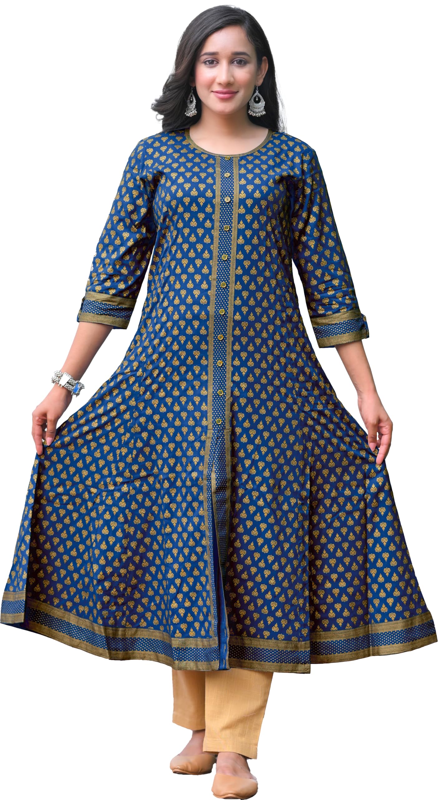 Yash Gallery Women's Rayon Relaxed Fit A Line Golden Floral Printed A-Line Kurta