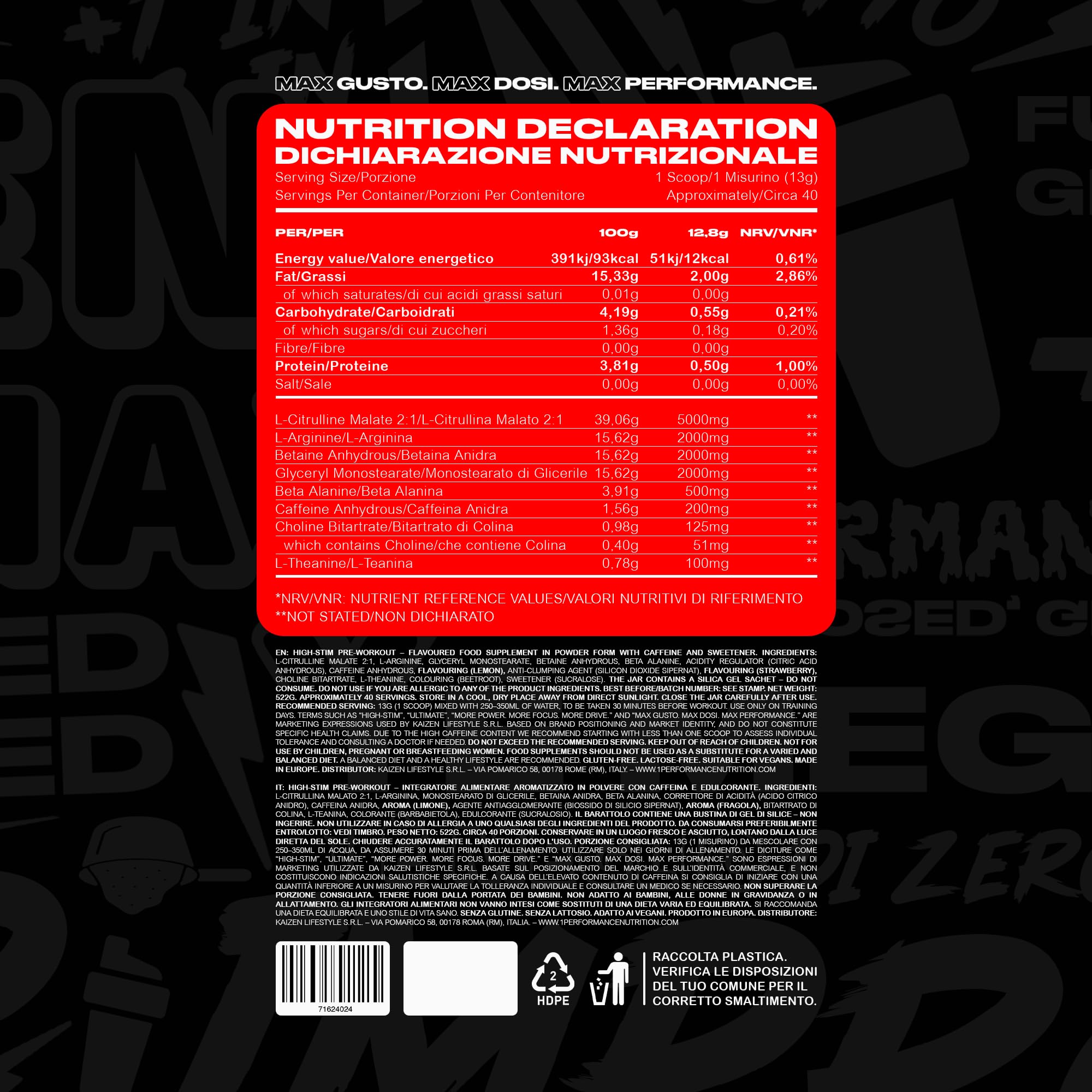 +1® Pre Workout Definitivo - Massima Performance, Dosi Scientifiche e Gusto - 200 mg Caffeina - Citrullina, Beta Alanina, Betaina e Glicerolo - No Formicolii - 517 g, 40 Porzioni - Strawberry Lemonade
