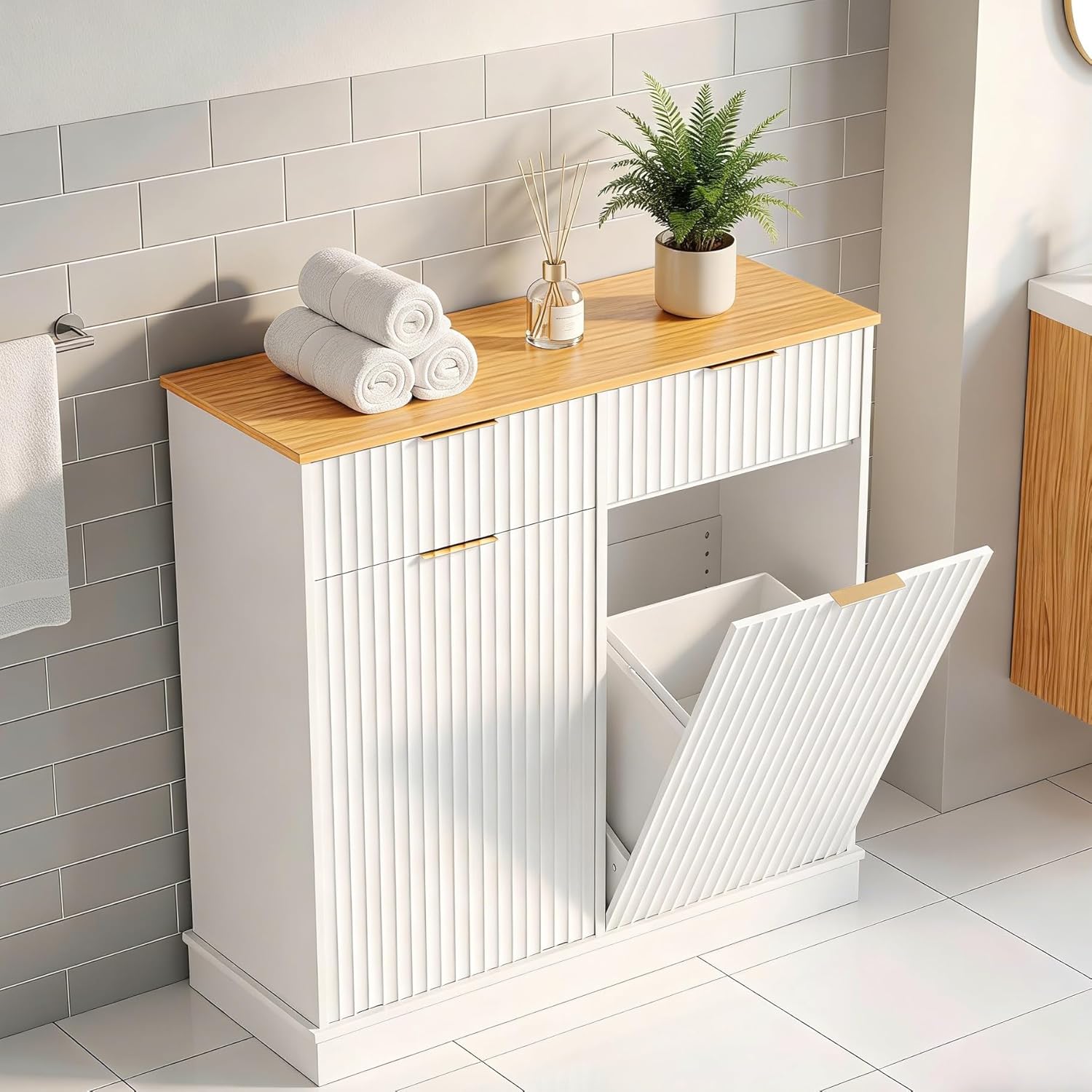 VINGLI Double Tilt-Out Trash Can & Laundry Hamper Cabinet, Wooden Fluted Design with Hidden Storage Drawers, 10 * 2 Gallon Freestanding Garbage Bin for Kitchen, Living Room, Laundry Room – White