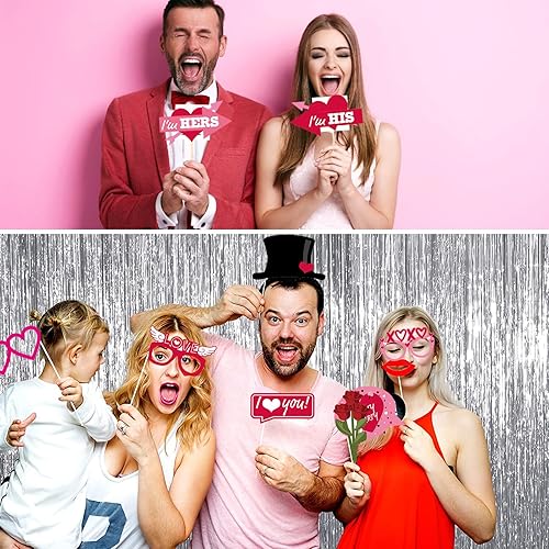 Miniatura 4 de BASEMMAHER Kit de accesorios para cabina de fotos para el día de San Valentín, 25 piezas de color rosa para selfies de boda, accesorios de
