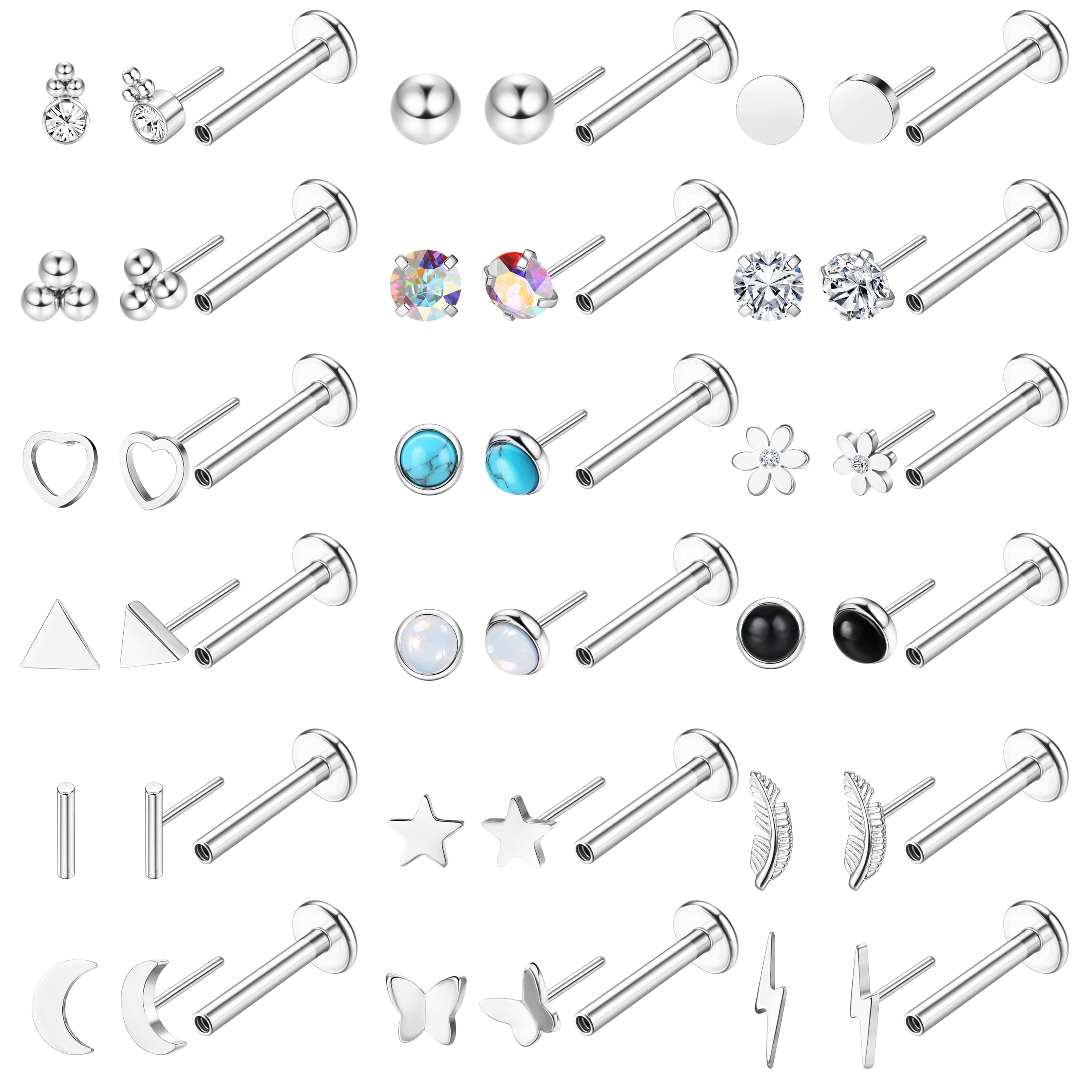 20G Threadless Flat Back Earrings for Women Men - Hypoallergenic Surgical Steel Push in Nose Stud Rings Labret Cartilage Lip Rings Medusa Nostril Conch Tragus Piercing Jewelry 18 Pairs