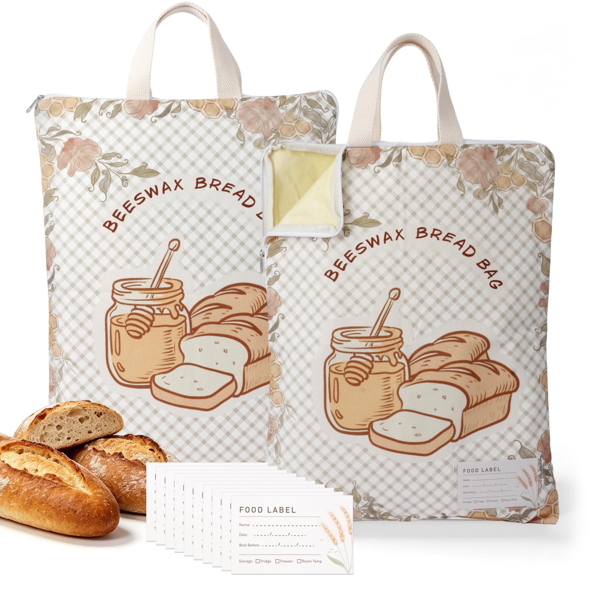2 Pack Beeswax Bread Bags for Sourdough, 17x13 Inch Reusable Cotton Bread Storage Bags with Zipper and Handle Natural Beeswax Lining Freezer Friendly with 10 Food Labels Included (Floral Honeycomb)