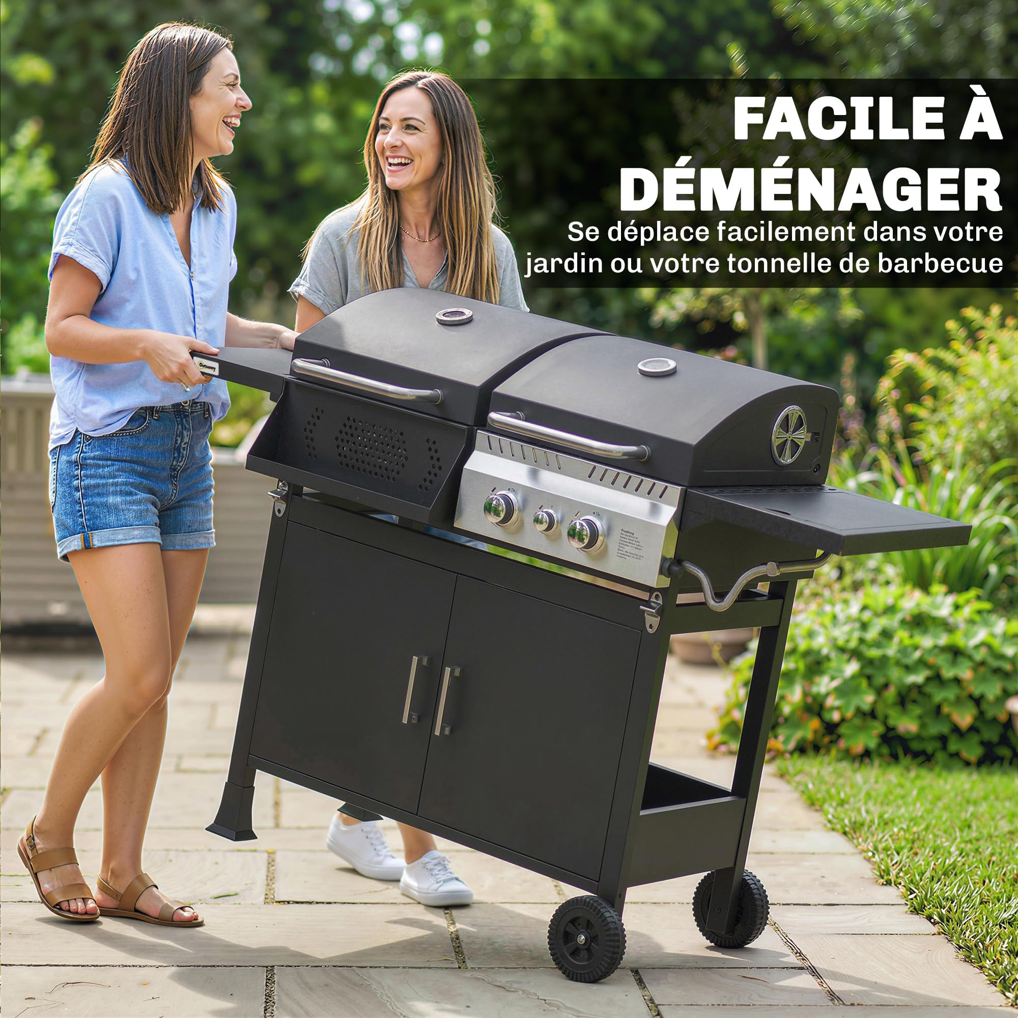 Outsunny Barbecue Hybride Gaz et Charbon de Bois - Barbecue Mixte 2 en 1 avec 3 Brûleurs et Feu Latéral - avec Thermomètre, Cabinet de Rangement et Décapsuleur, Noir