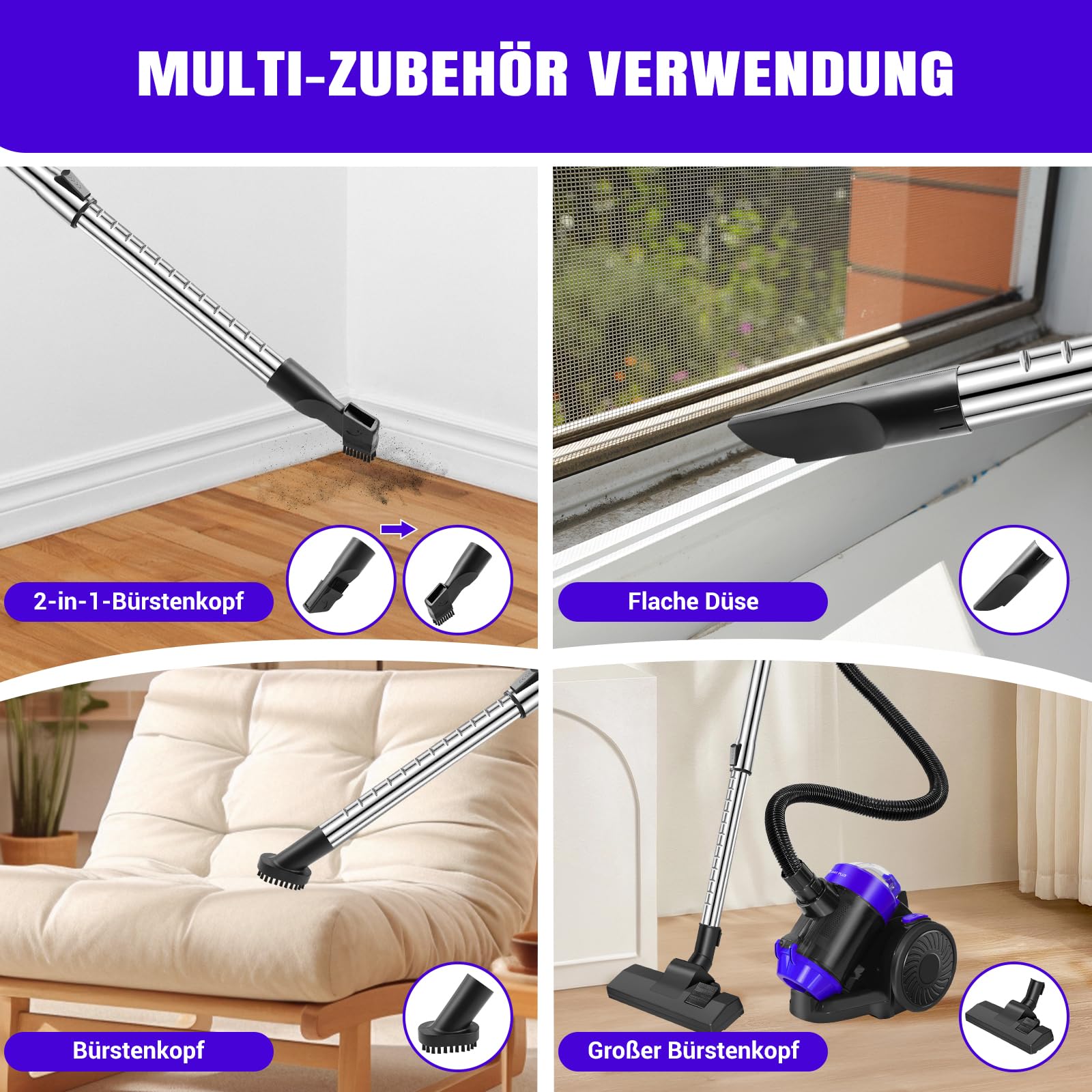 Aspirateur sans sac 1000 W Puissant pour tapis et carrelage, câble 4 m, suceur plat