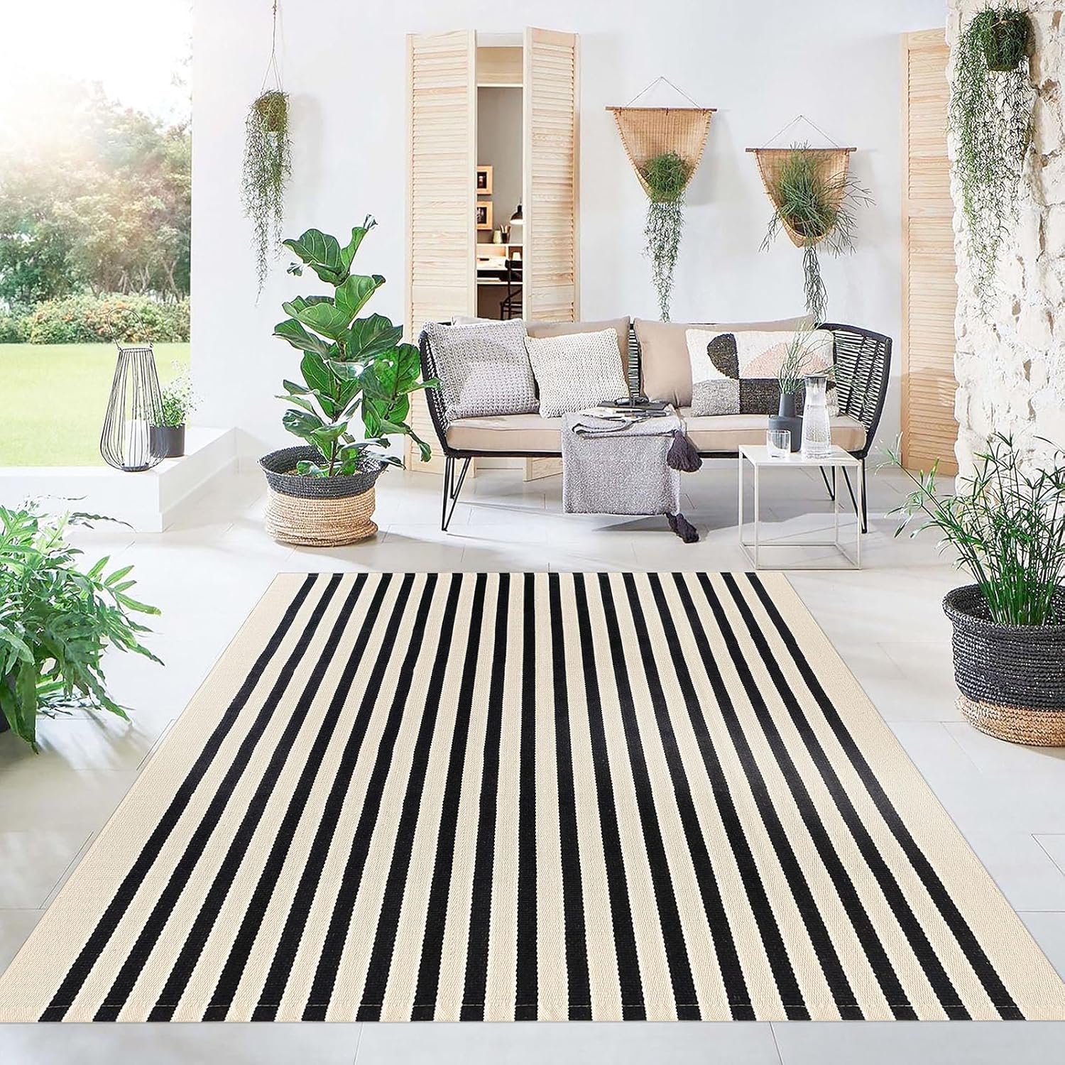 KOZYFLY Black and Beige Striped Rug 5x8 Ft Area Rug
