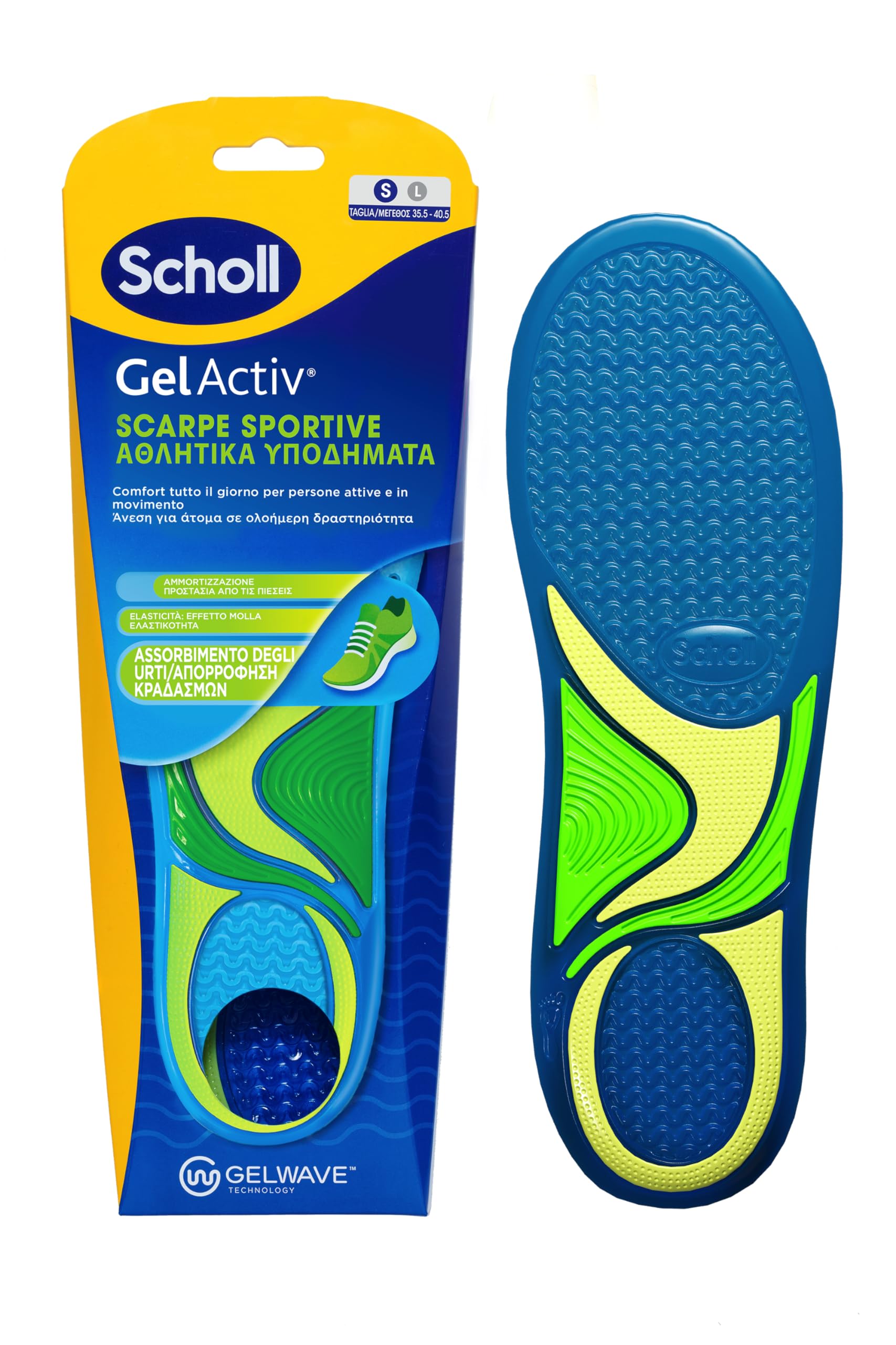 Scholl GelActiv Insoles Sports Shoes, Insoles with GelWave Shock Absorbing Technology, All Day Comfort for Active and Moving People, Size S