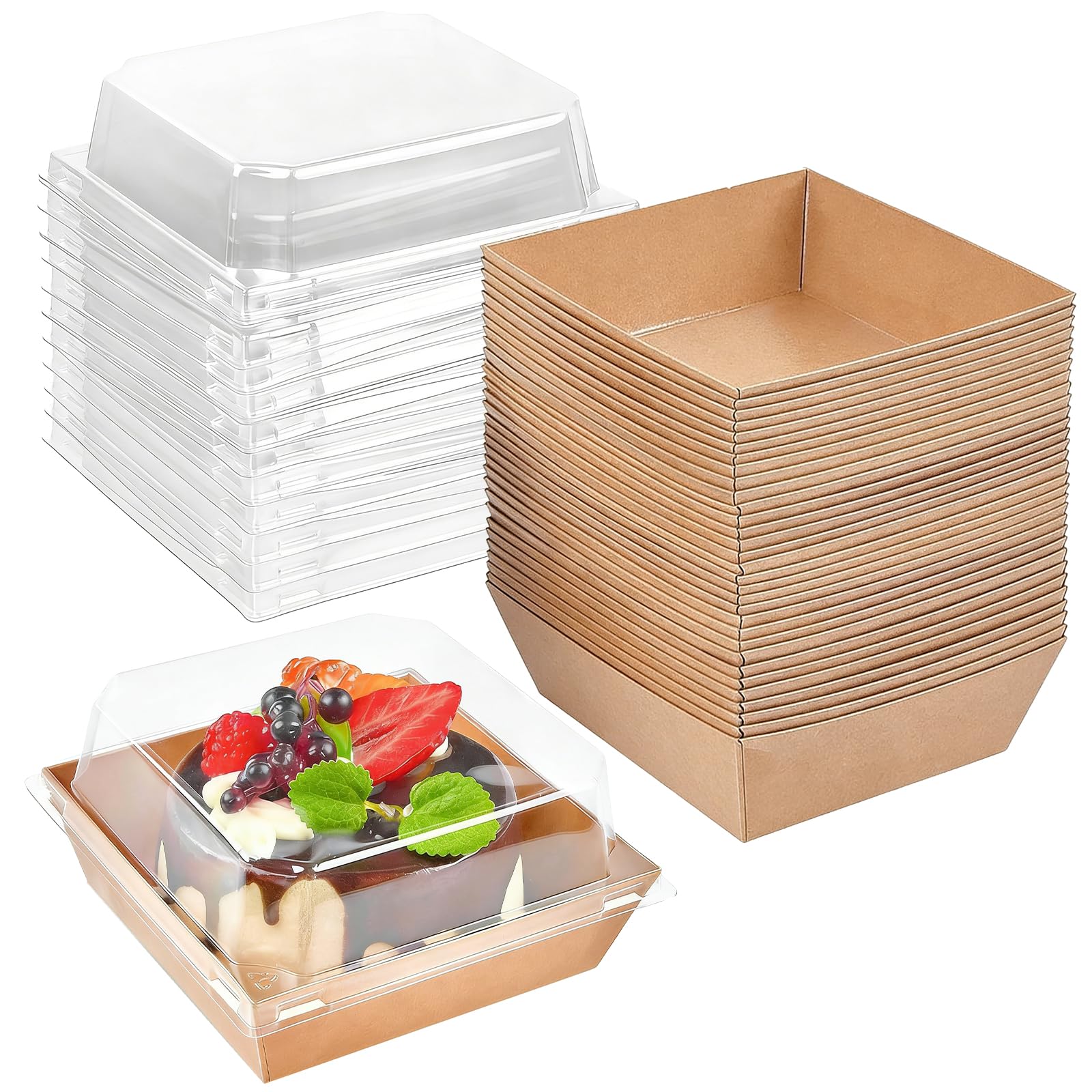 Hiuyavy 50Pcs Cake Slice Boxes, Cake Boxes for Cakes Portions with Clear Lids, 12CM Cakes Slice Box for Portions, Charcuterie Box for Bakery Macaron Sandwich Cookies (Brown)