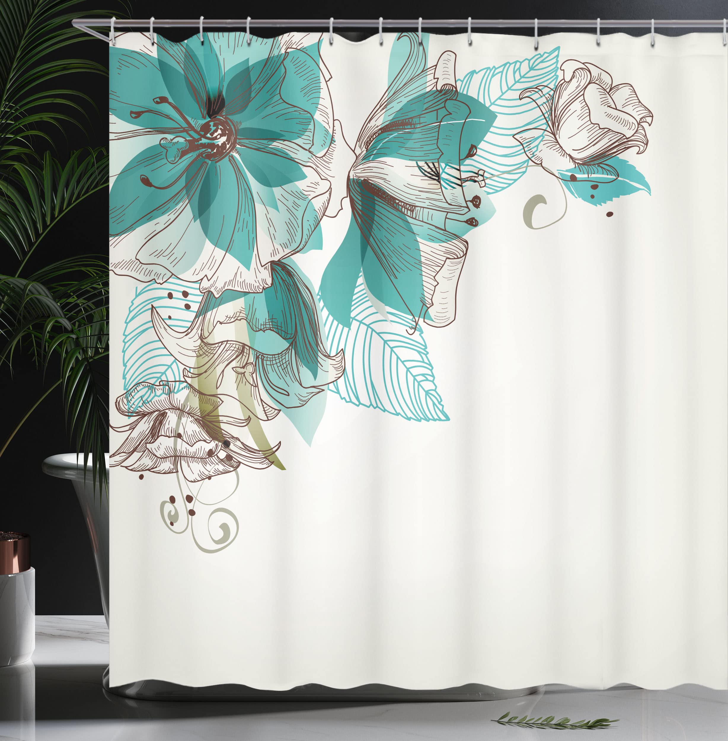 ABAKUHAUS Turquoise Shower Curtain, Flowers Buds Leaf at the top Left Corner Season Celebrating Theme - Image 3