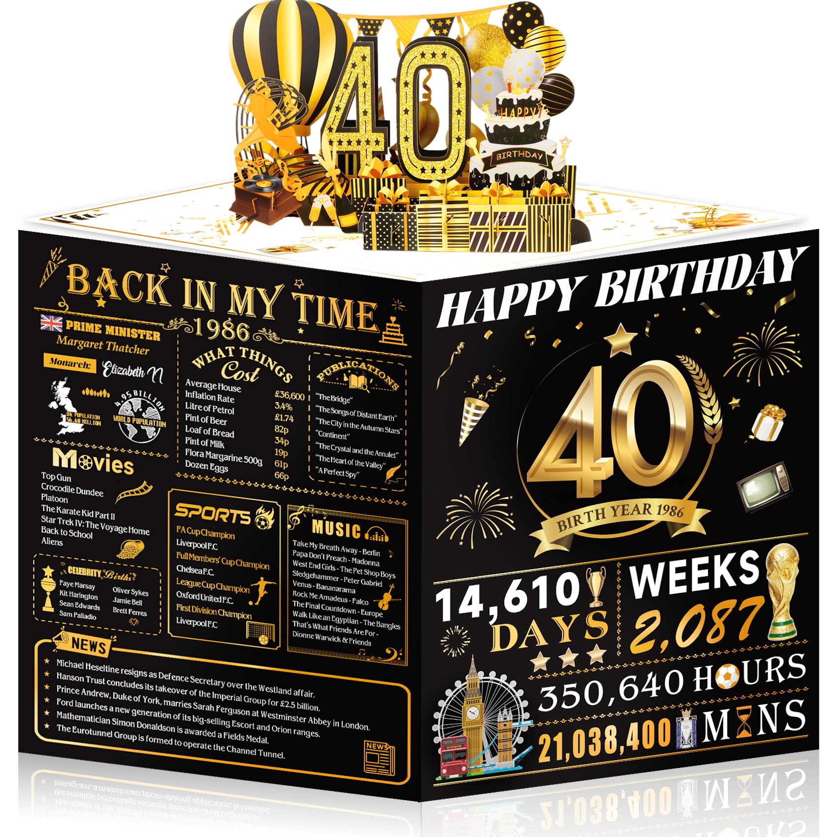 40th Birthday Cards for Women Men, 3D Pop Up 40th Birthday Gift Ideas for Mom Dad, Funny 40 Year Old Birthday Decorations for Husband Wife Parents Him Her, Jumbo Back In 1986 โ image 1