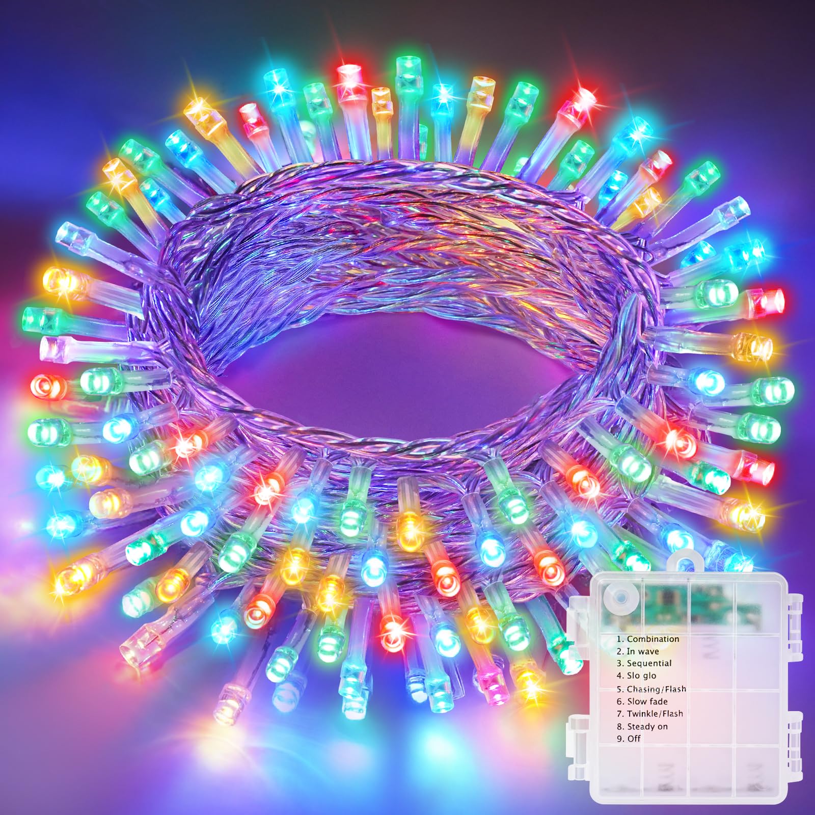Realky Luces de Navidad con Pilas, 11M 110LED Luces de Arbol de Navidad, 8 Modos con Función de Memoria Impermeable Luz Cadena Ligera Navidad para Jardín, Balcón, Fiesta, Interior - Multicolor