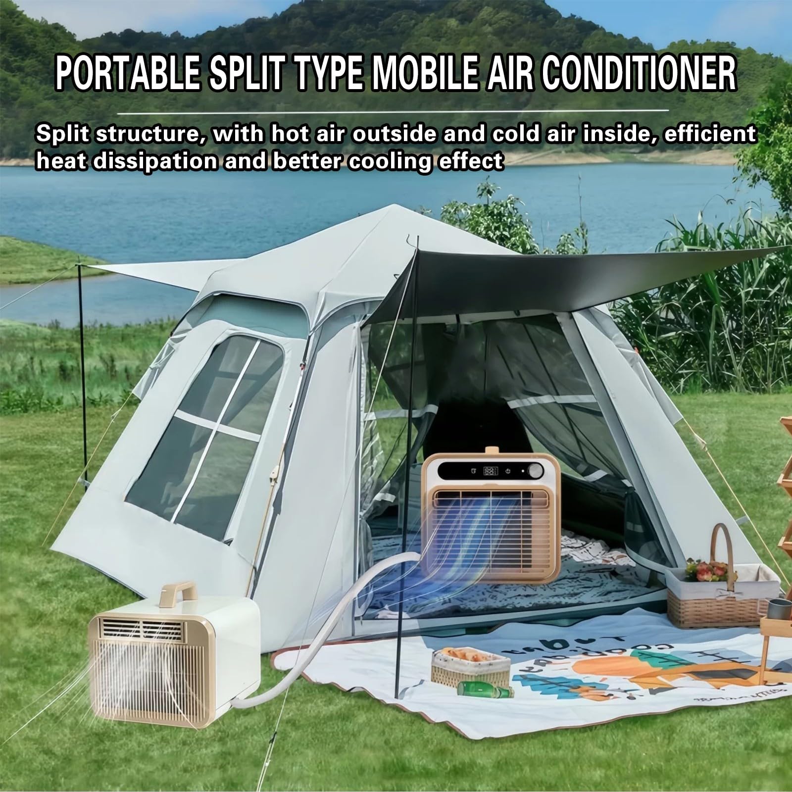 Aire acondicionado portátil split, 5000 BTU, 1500 W, para camping, con tubo de conexión de 2 m, silencioso, ideal para tiendas de campaña, caravanas, dormitorios 220V,1500W