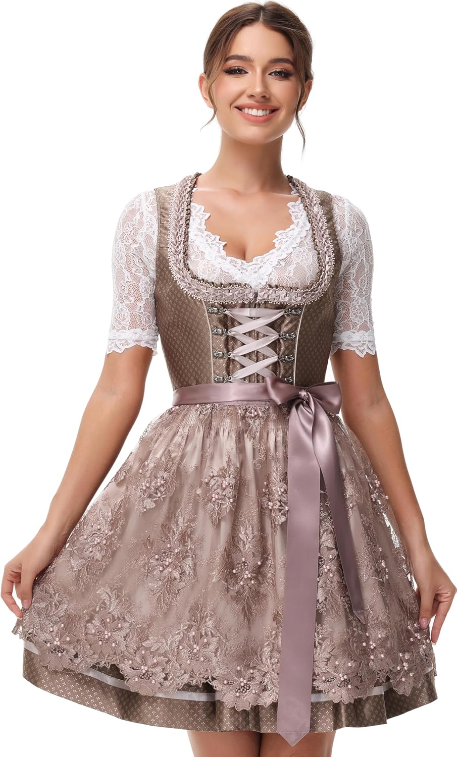ELFIN Elegante midi-dirndl-jurk voor dames, klederdrachtmode, jurk voor