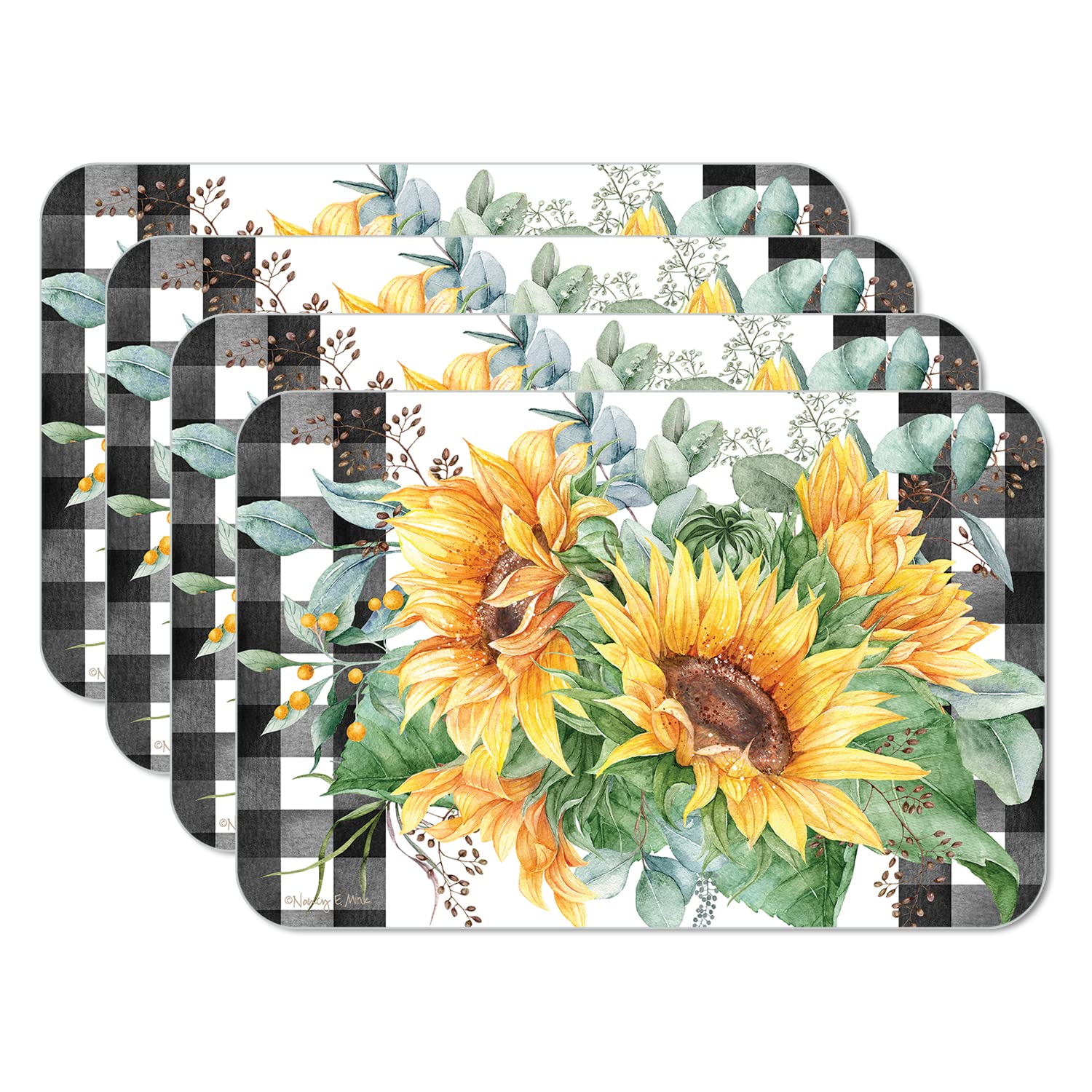 CounterArt Sunflower Fields 4 Pack Reversible Easy Care Flexible Plastic Placemats Made in The USA BPA Free PVC Free Easily Wipes Clean