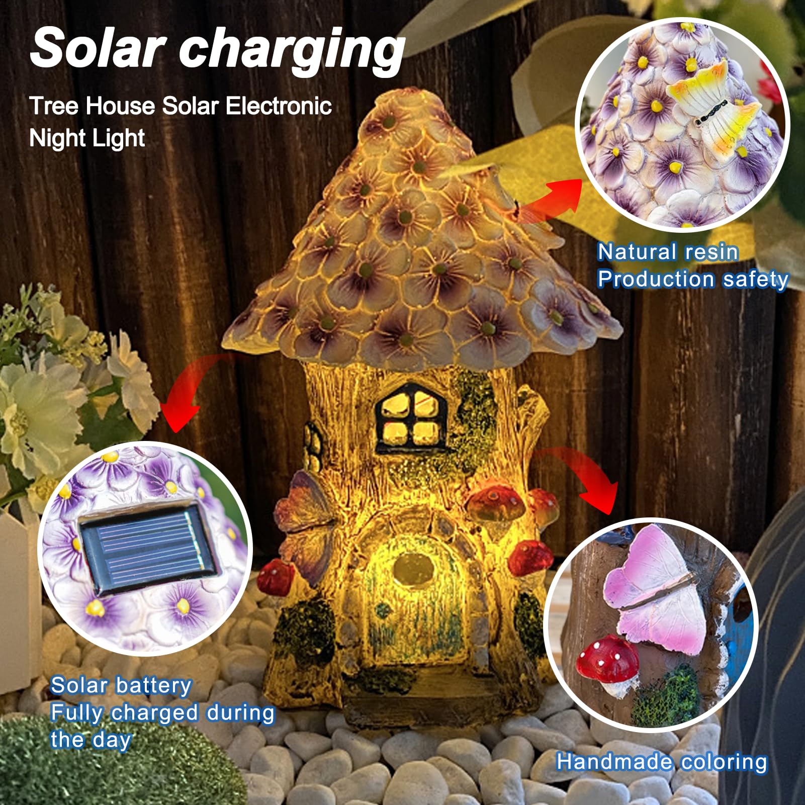 Hodao Lente Tuin Paddestoel Kabouters Decoraties Paddestoel Huis Ornamenten Decor Zomer Kabouters Beeldjes Lente Vlinder Verlichting Huis voor Outdoor Tuin Decor Verjaardagscadeaus voor moeder, oma